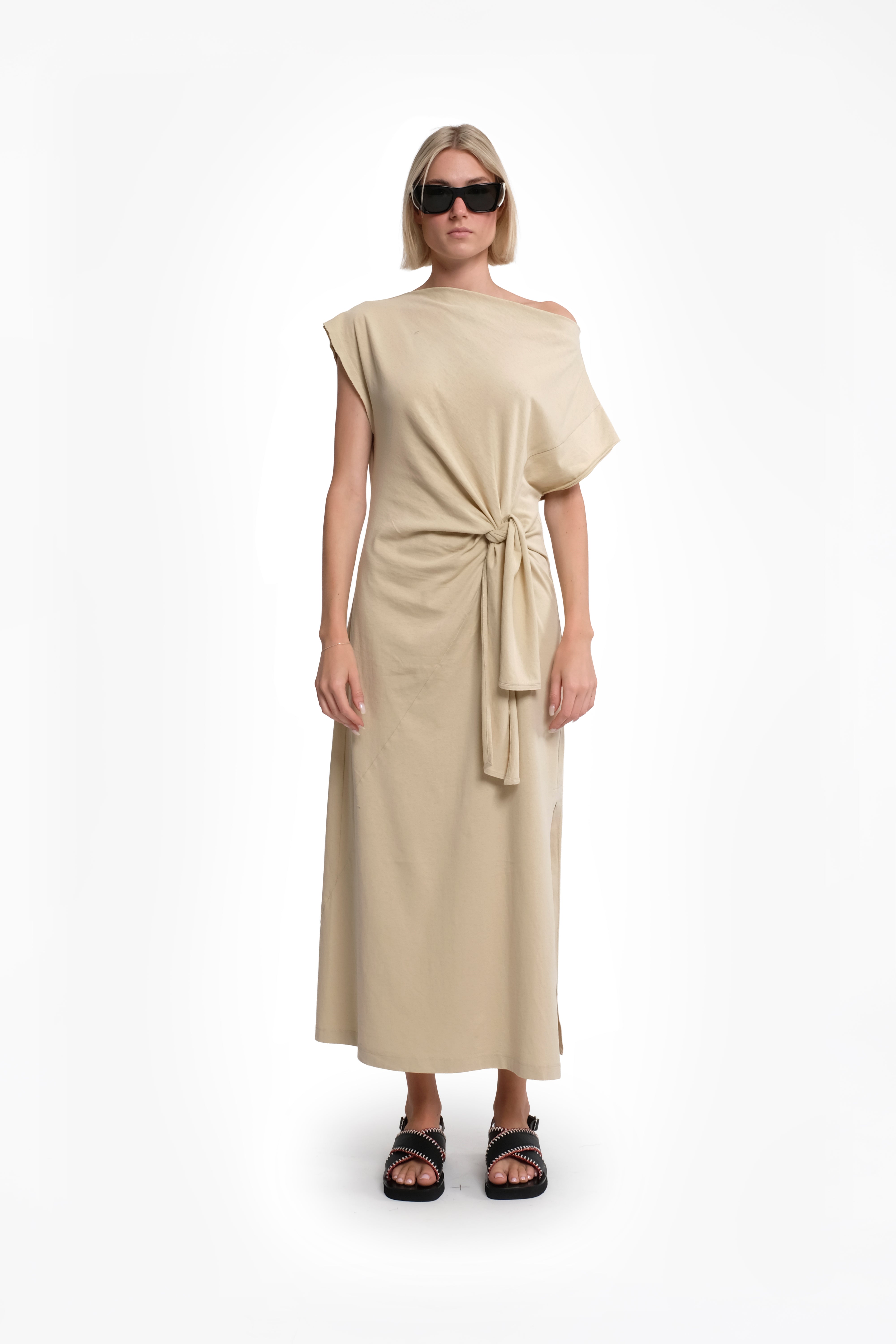 Beige Asymmetric Short-Sleeve Maxi Dress With Front Knot In Jersey