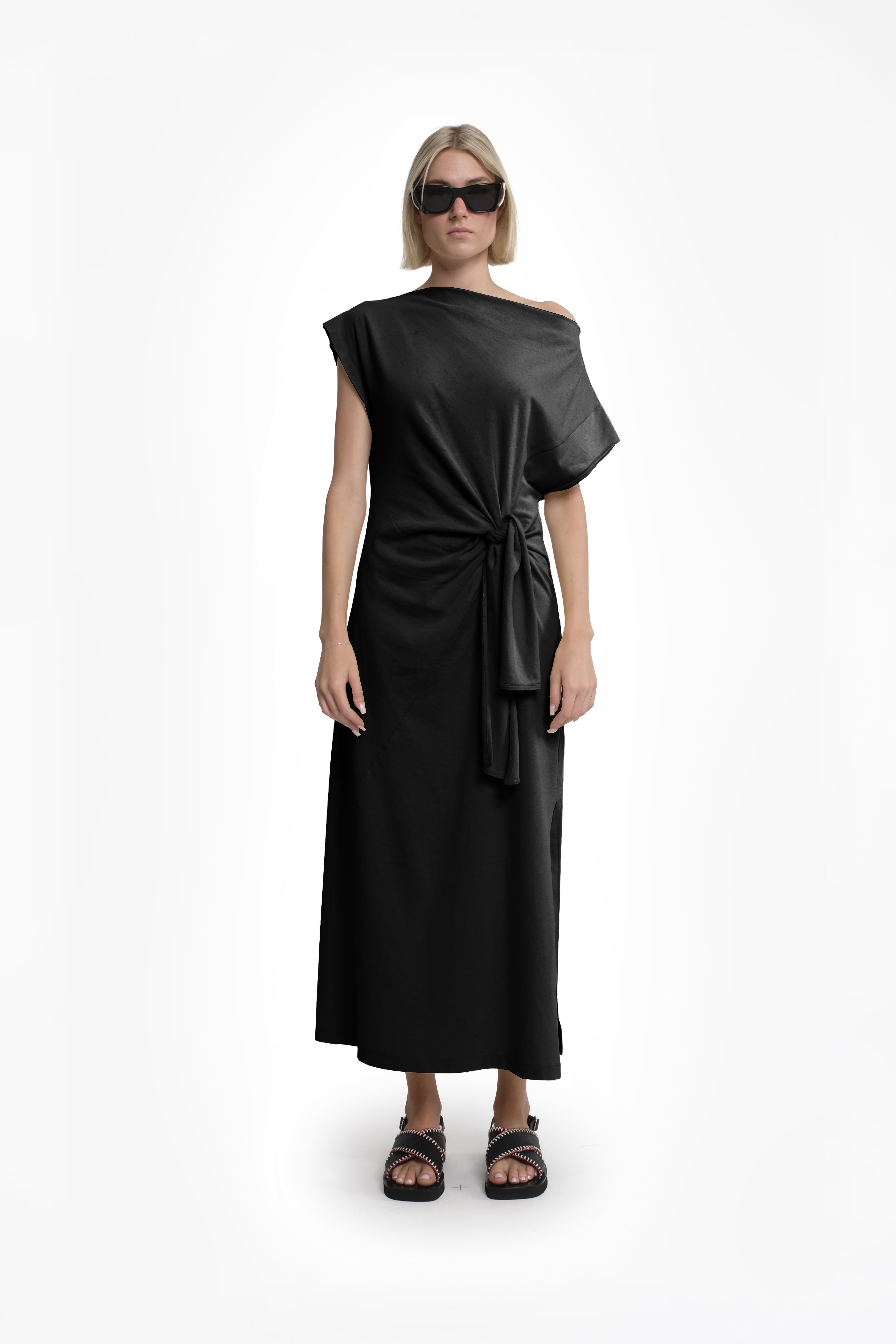 Black Asymmetric Short-Sleeve Maxi Dress With Front Knot In Jersey