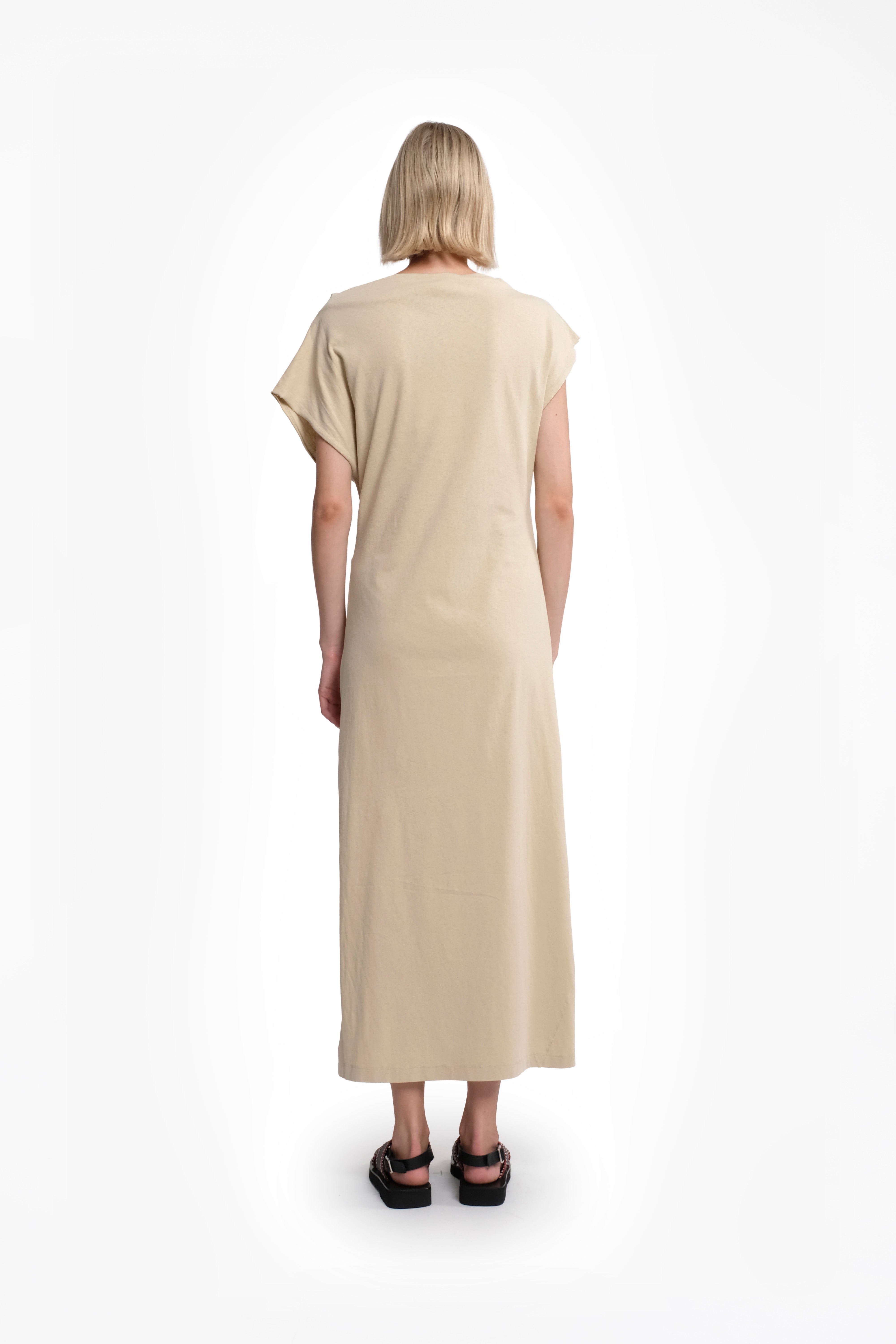 Beige Asymmetric Short-Sleeve Maxi Dress With Front Knot In Jersey
