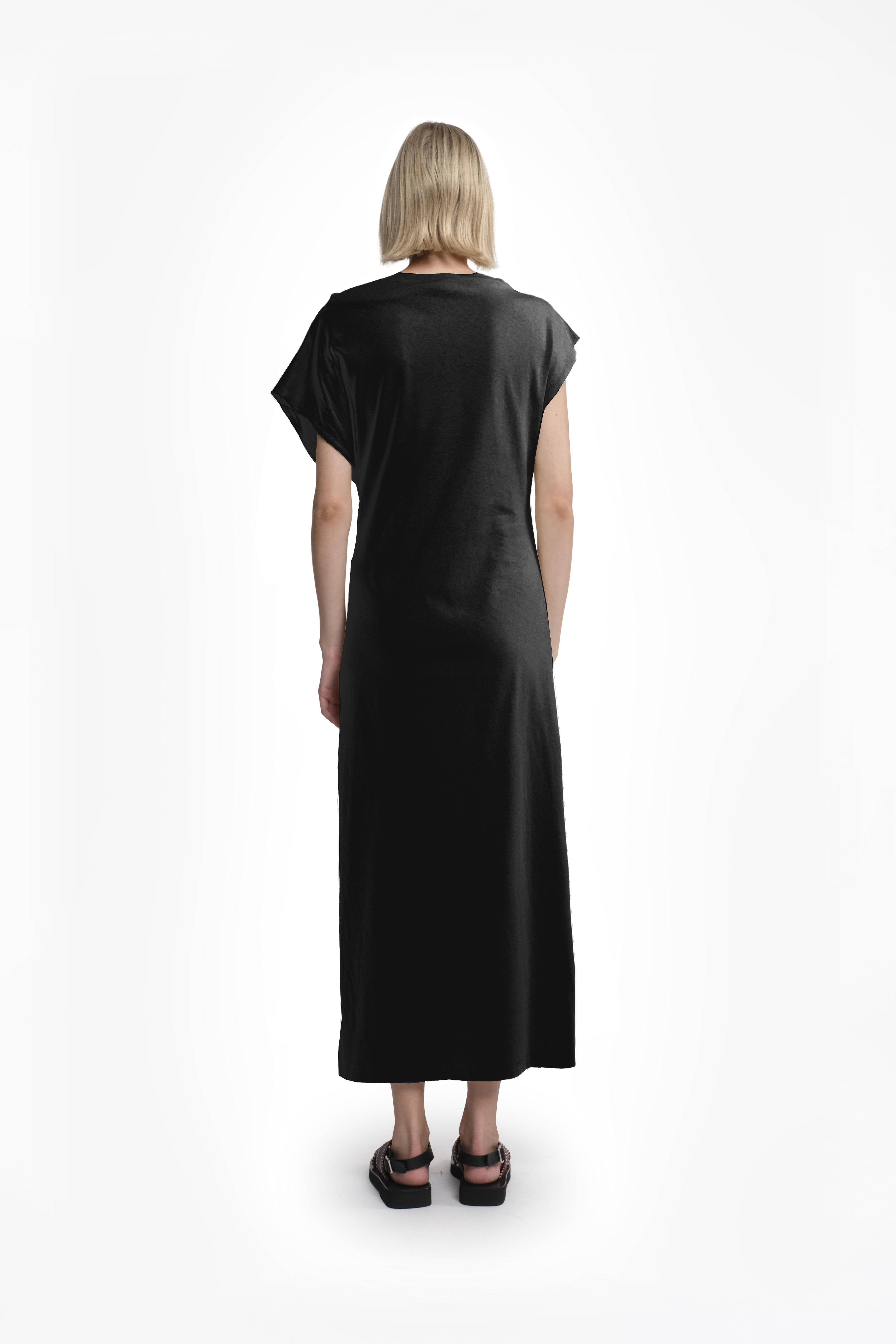 Black Asymmetric Short-Sleeve Maxi Dress With Front Knot In Jersey