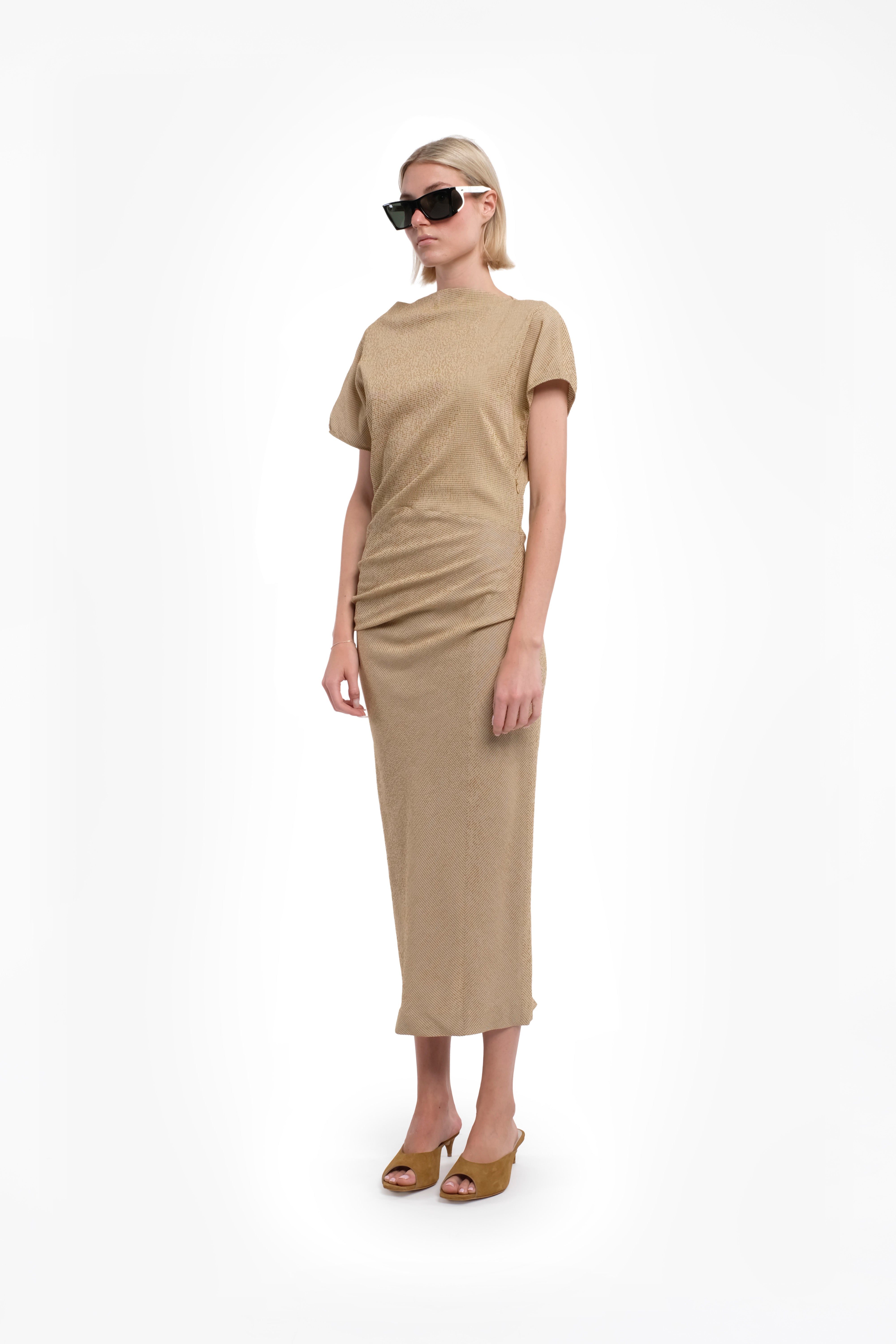 Draped Short-Sleeve Maxi Dress In Sand Color