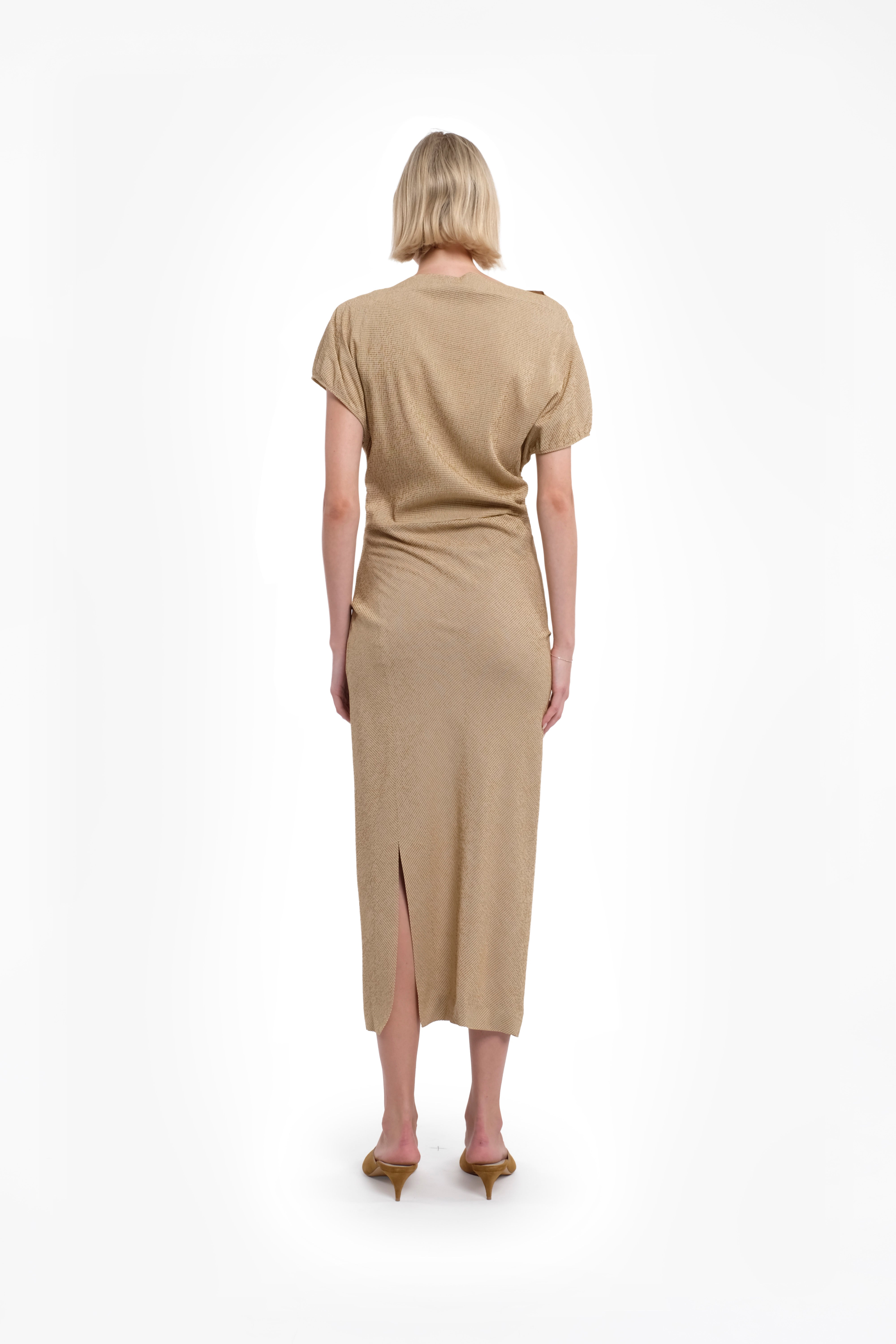 Draped Short-Sleeve Maxi Dress In Sand Color