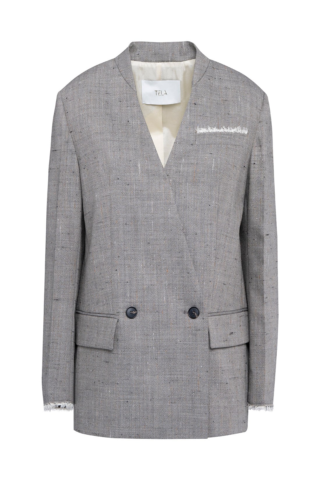 Collarless Double-Breasted Blazer In Slub Wool