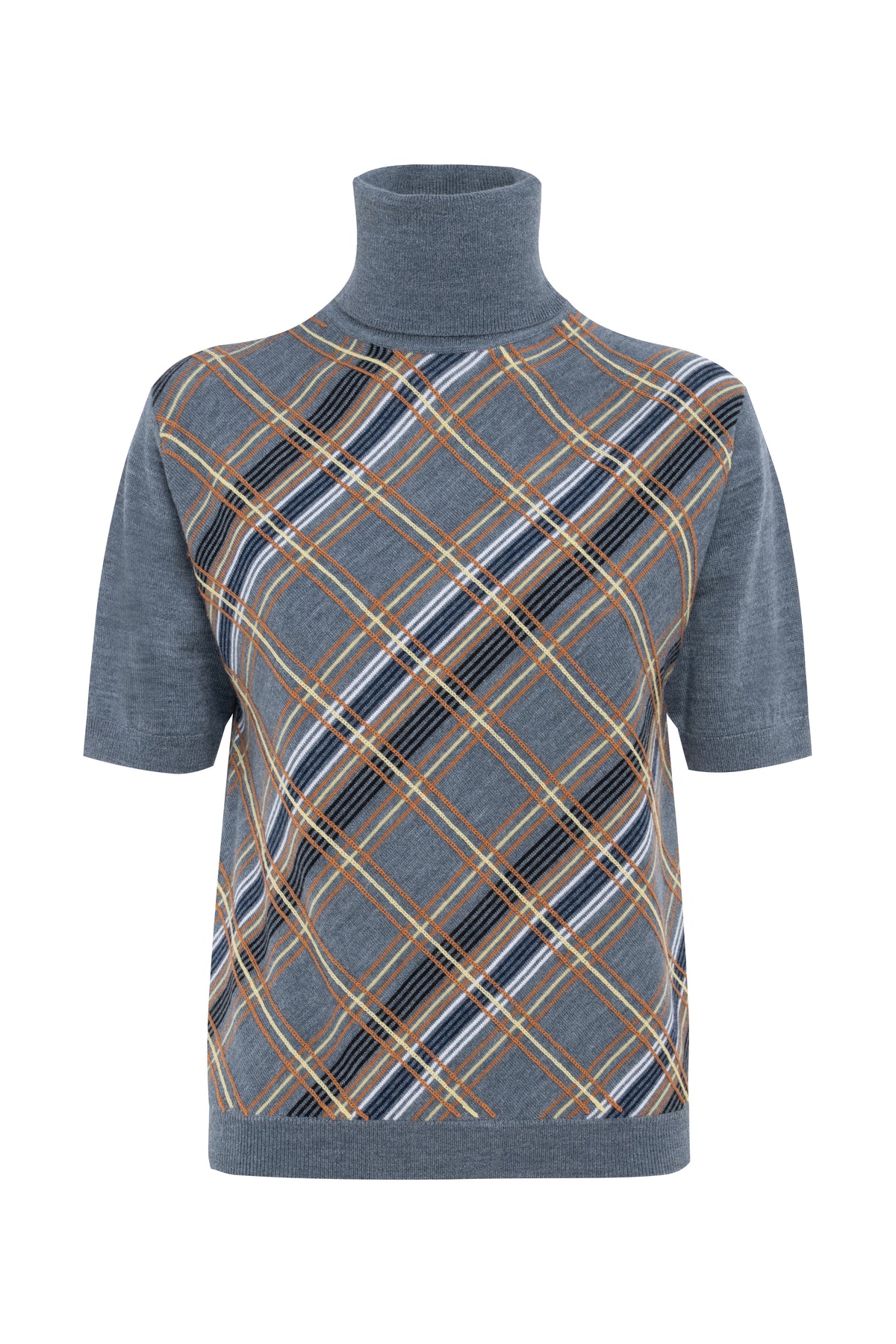 Grey Checked Short-Sleeve Turtleneck Sweater