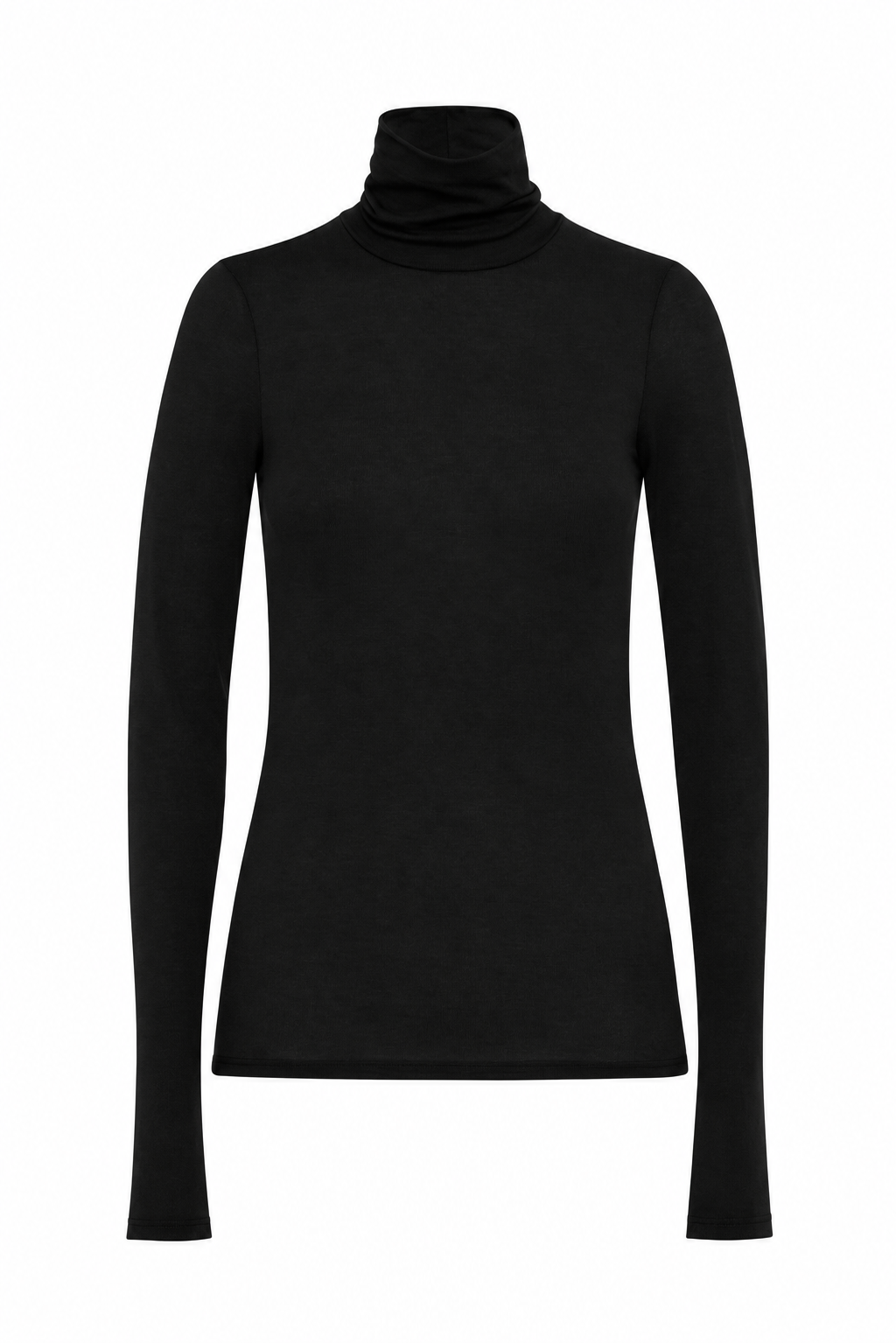 Black Long-Sleeve Wool Jersey Turtleneck Top