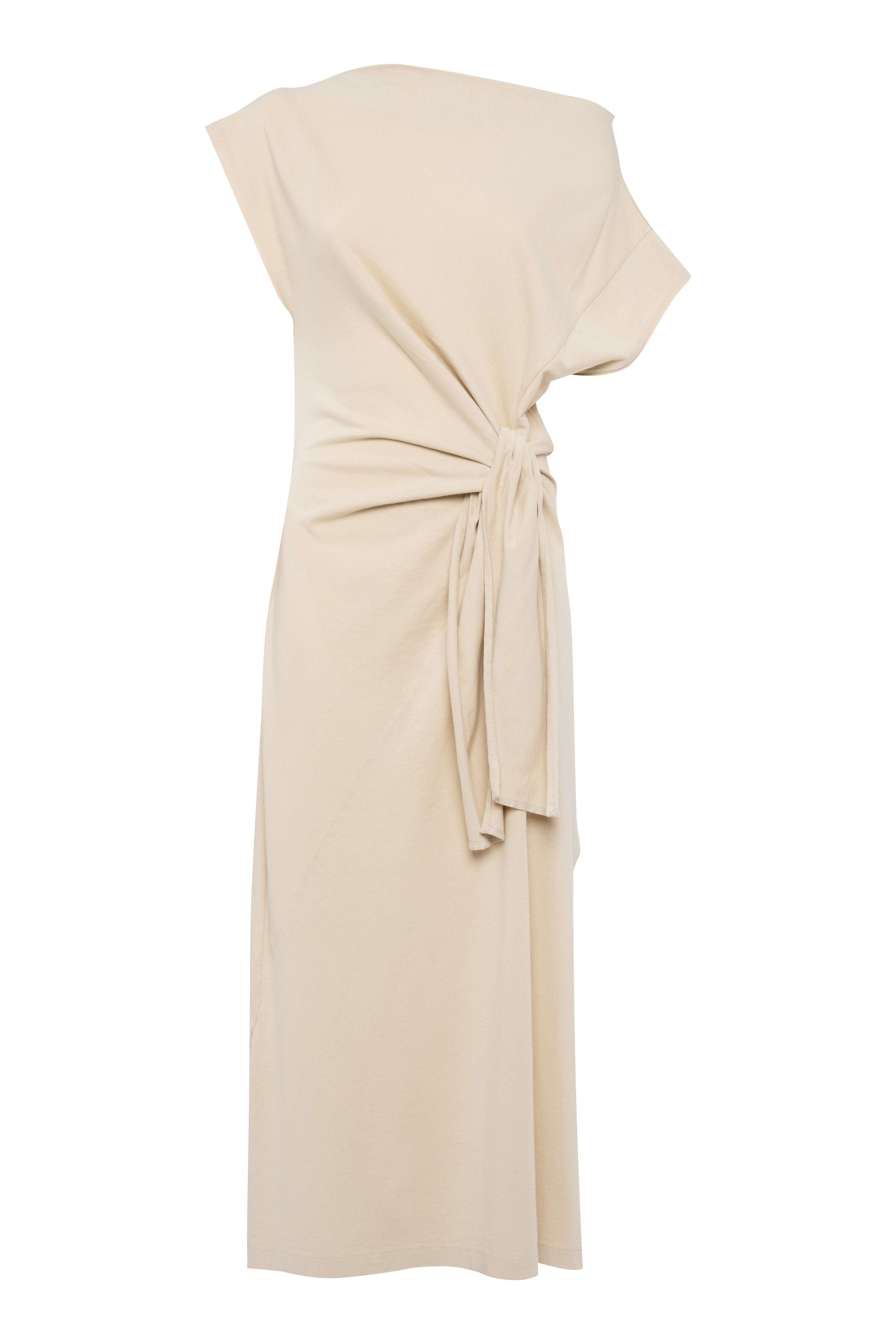 Beige Asymmetric Short-Sleeve Maxi Dress With Front Knot In Jersey