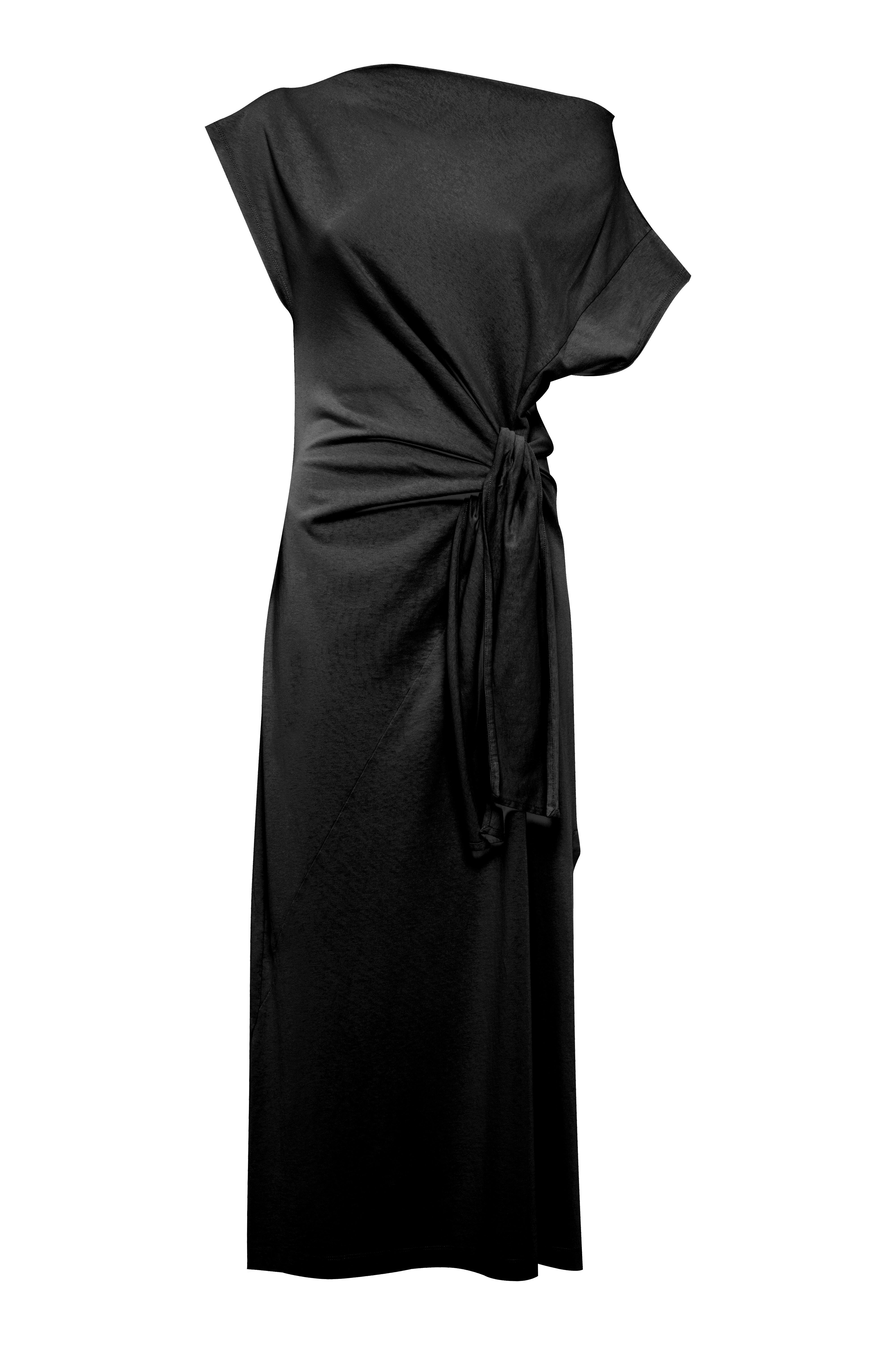 Black Asymmetric Short-Sleeve Maxi Dress With Front Knot In Jersey