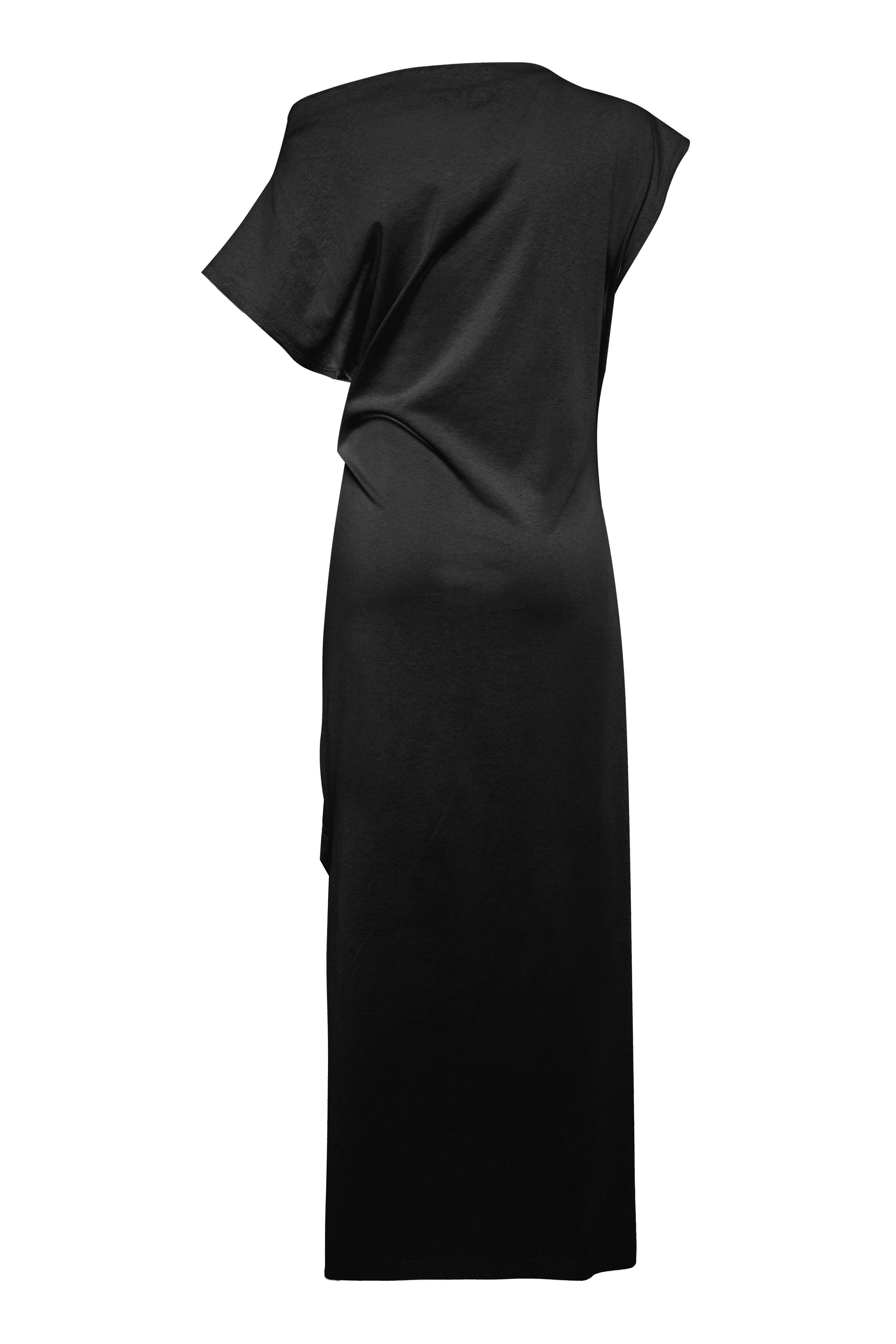 Black Asymmetric Short-Sleeve Maxi Dress With Front Knot In Jersey