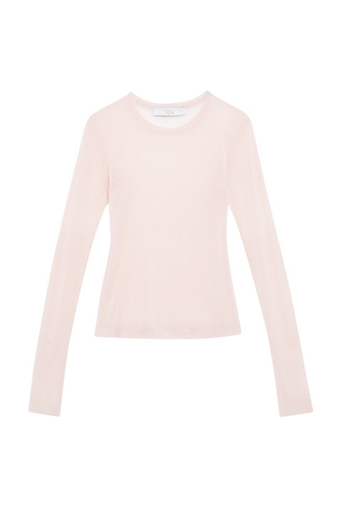 Dusty Pink Long-Sleeve Flocked Tulle Crewneck Top