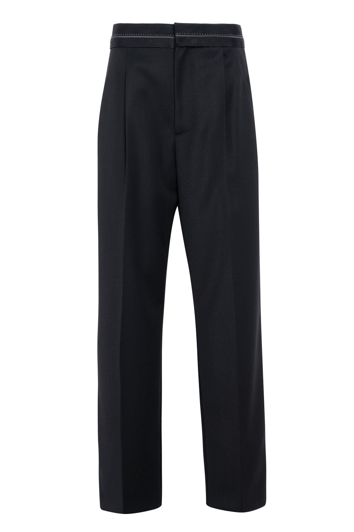 Black Straight-Leg Trousers In Worsted Wool With Waistband Detail
