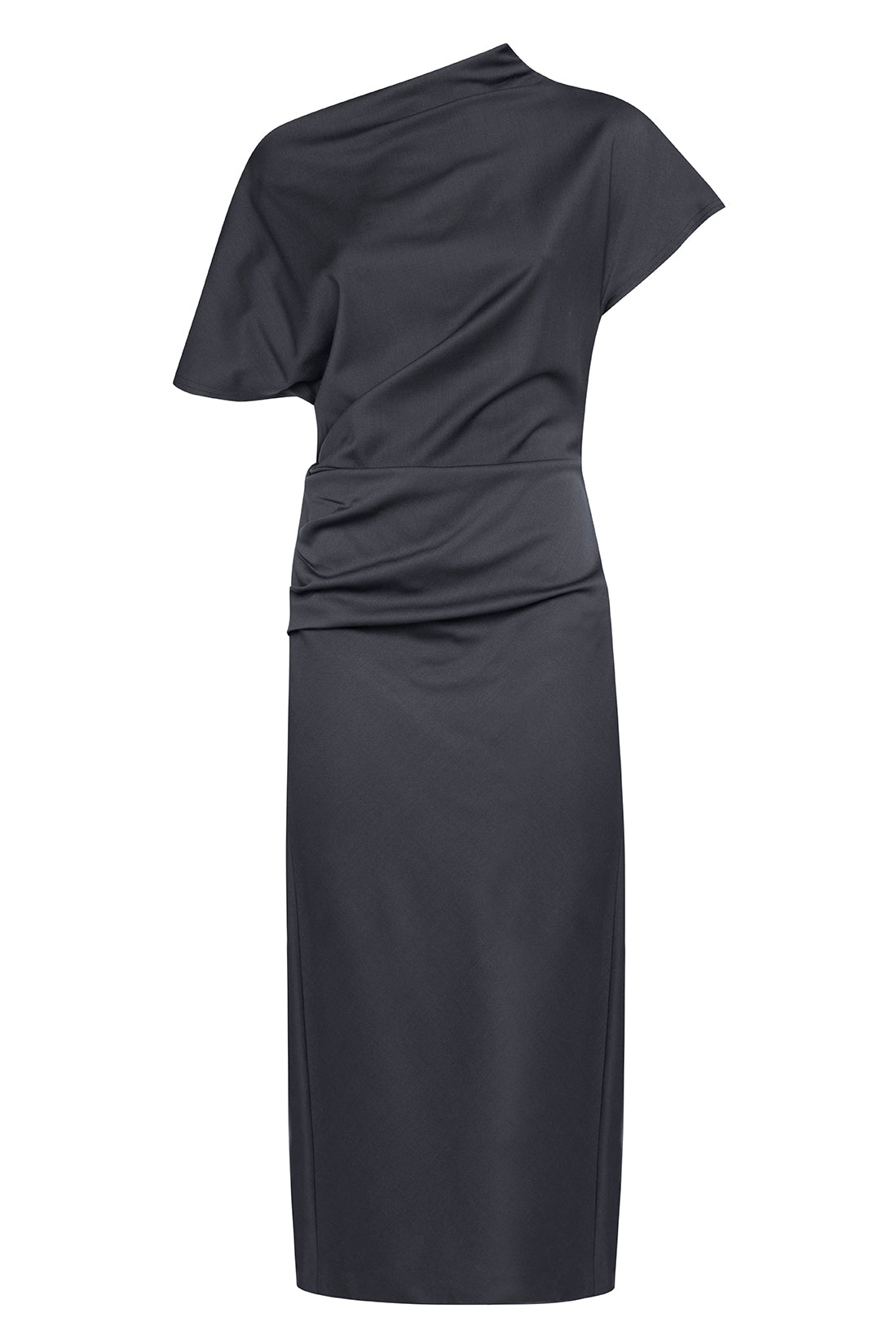 Long Dark Grey Asymmetric Dress In Technical Wool