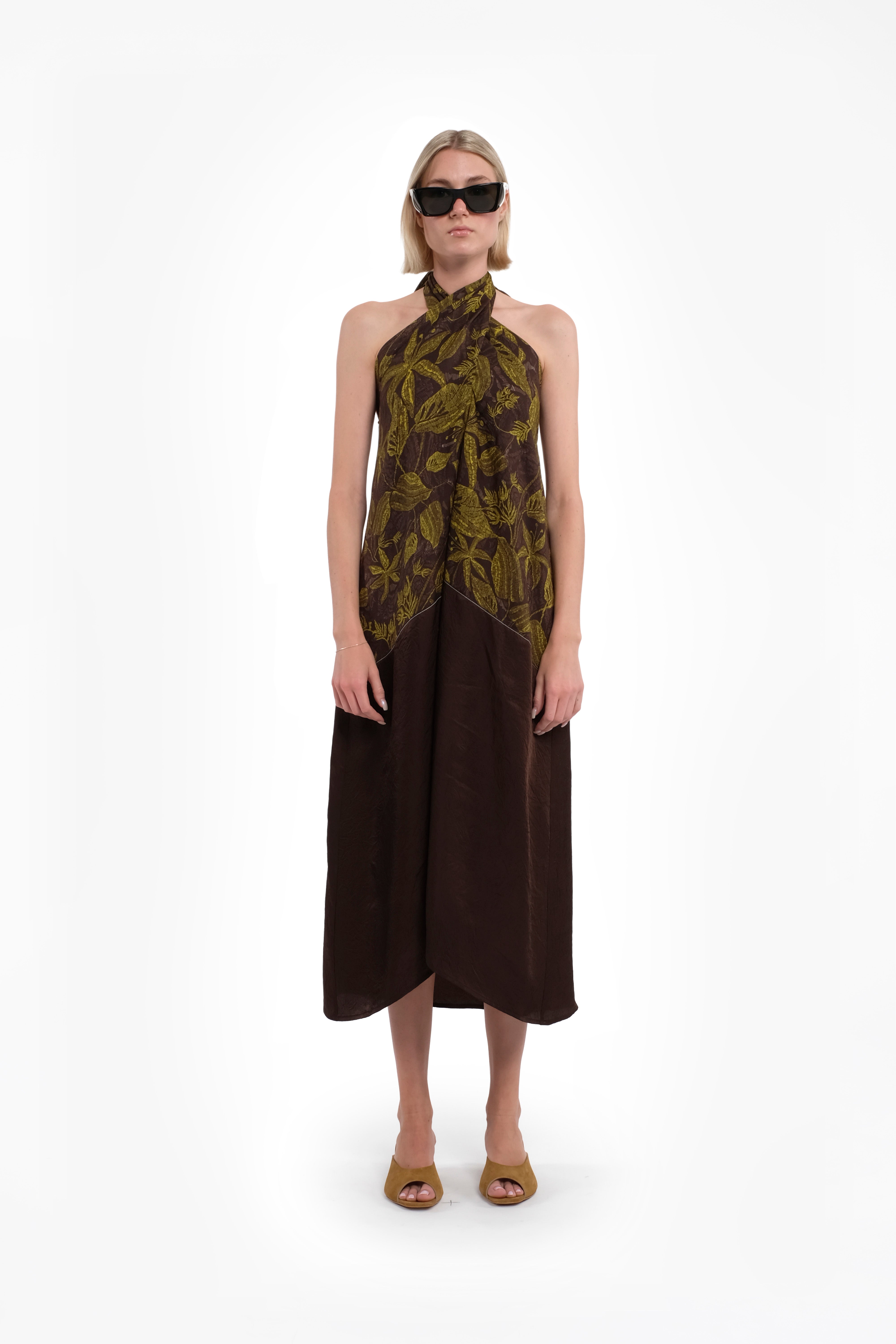 Long Halter-Neck Dress In Ramie With Green Floral Print