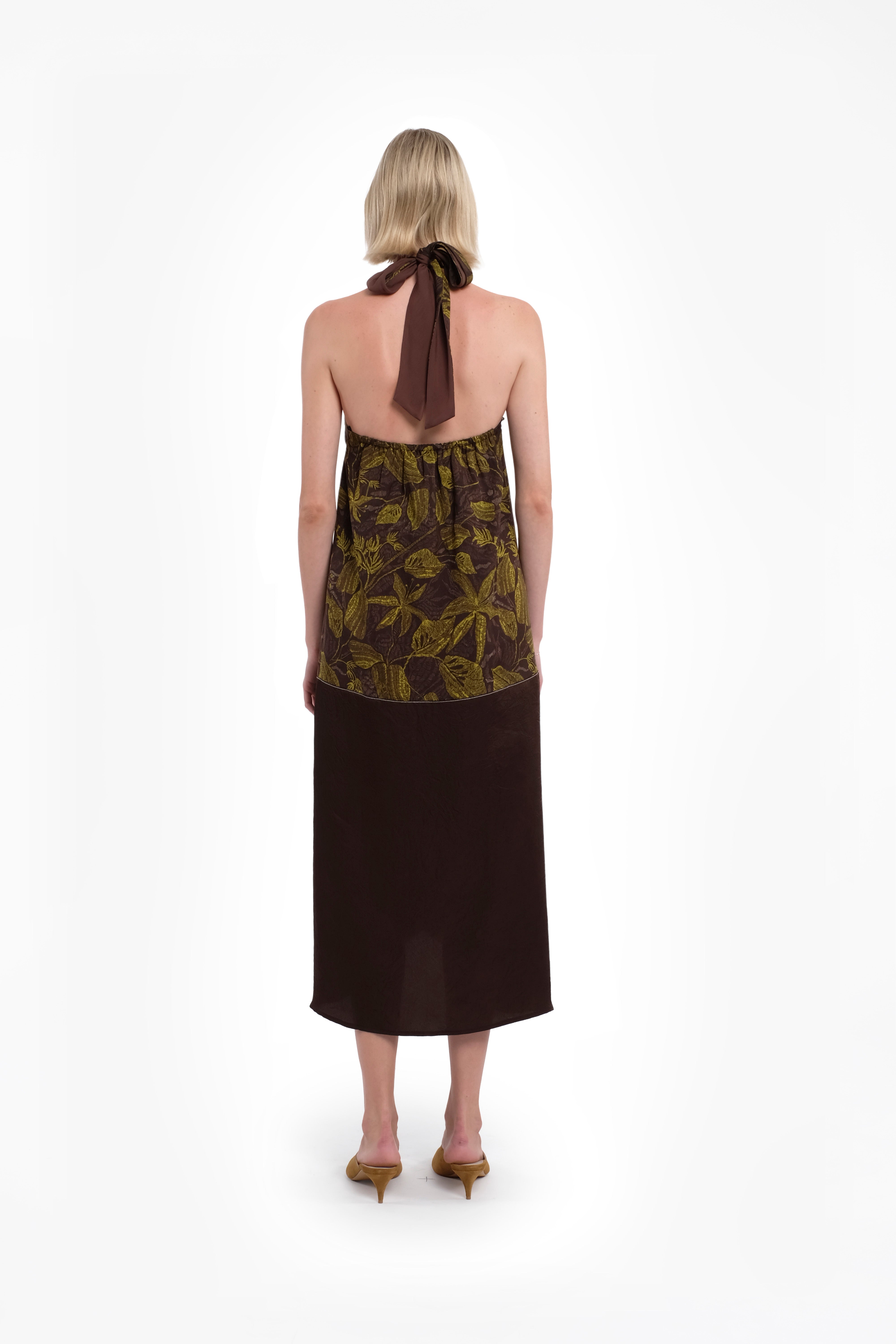 Long Halter-Neck Dress In Ramie With Green Floral Print