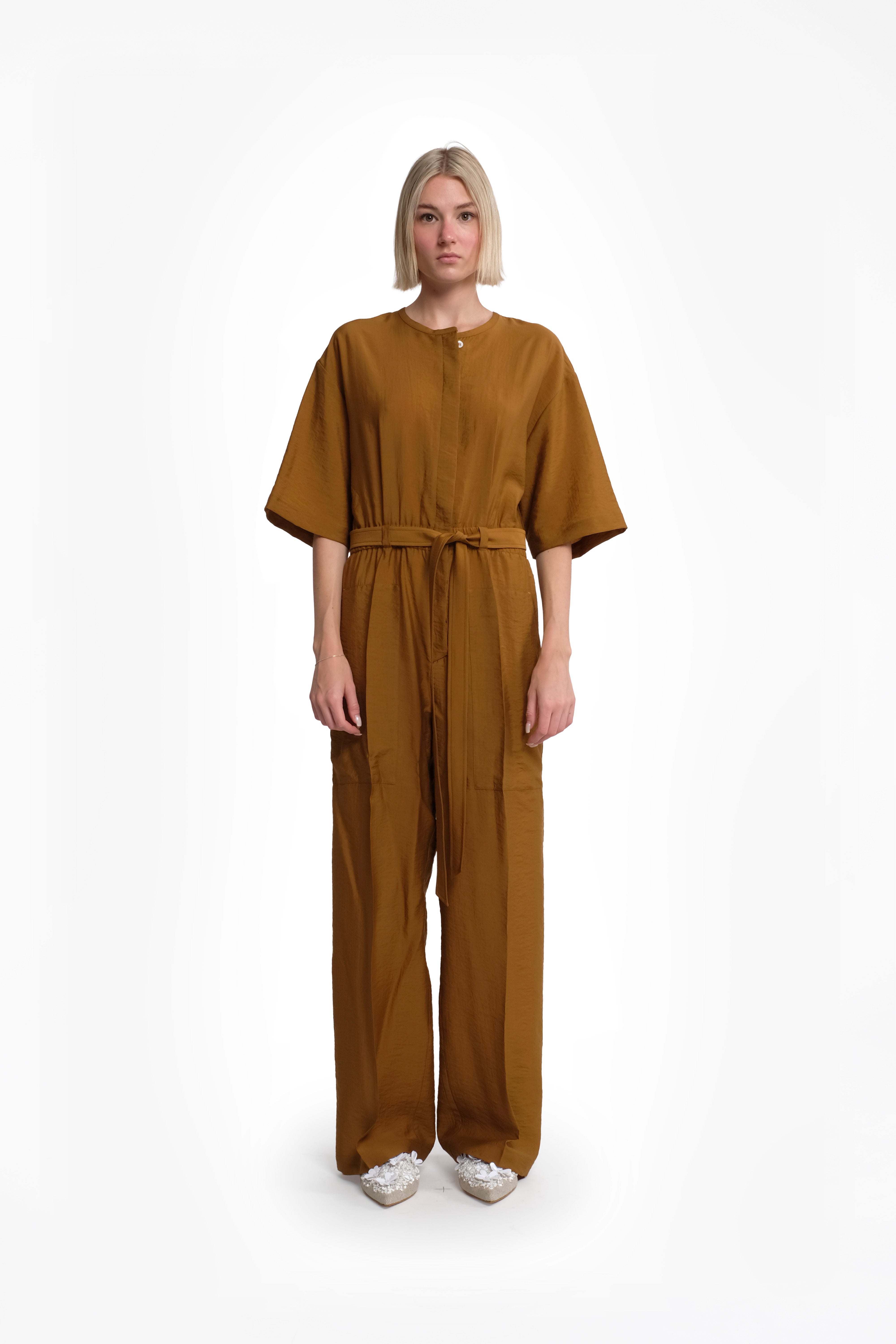 Short-Sleeve Mustard Tencel Long Jumpsuit