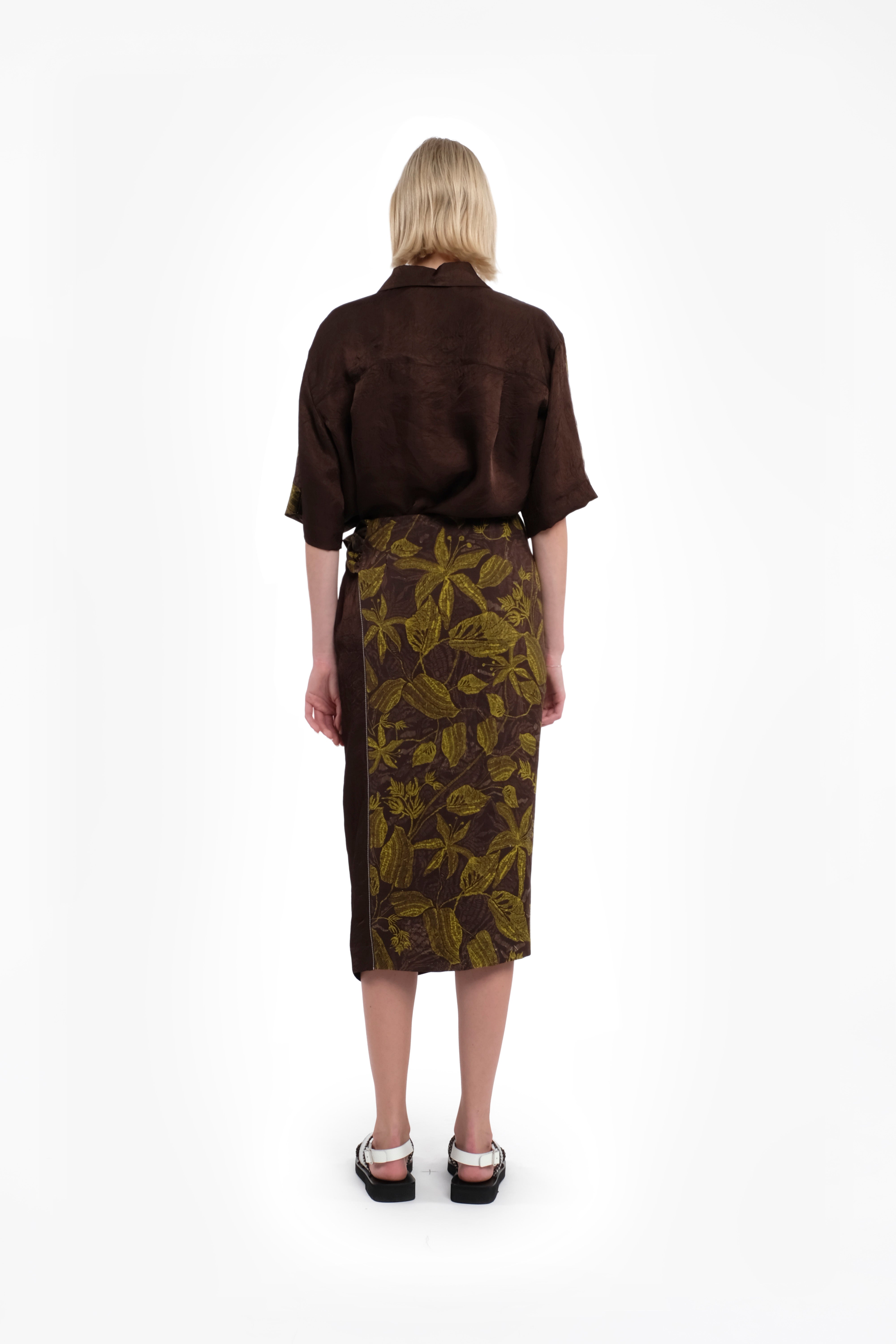 Midi Wrap Skirt In Ramie With Green Floral Print
