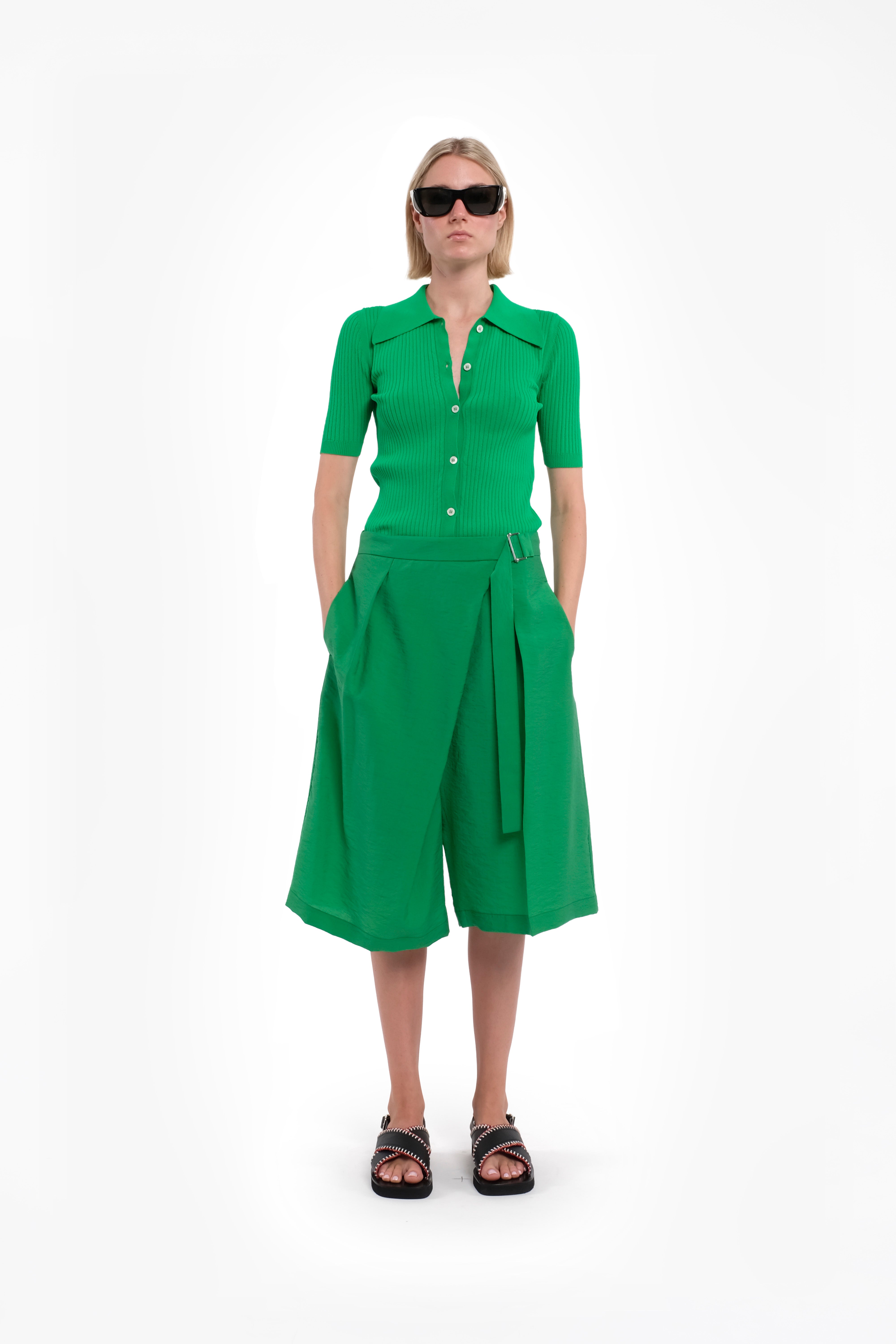 Green Bermuda Culottes With Front Wrap Skirt Detail In Lightweight Tencel