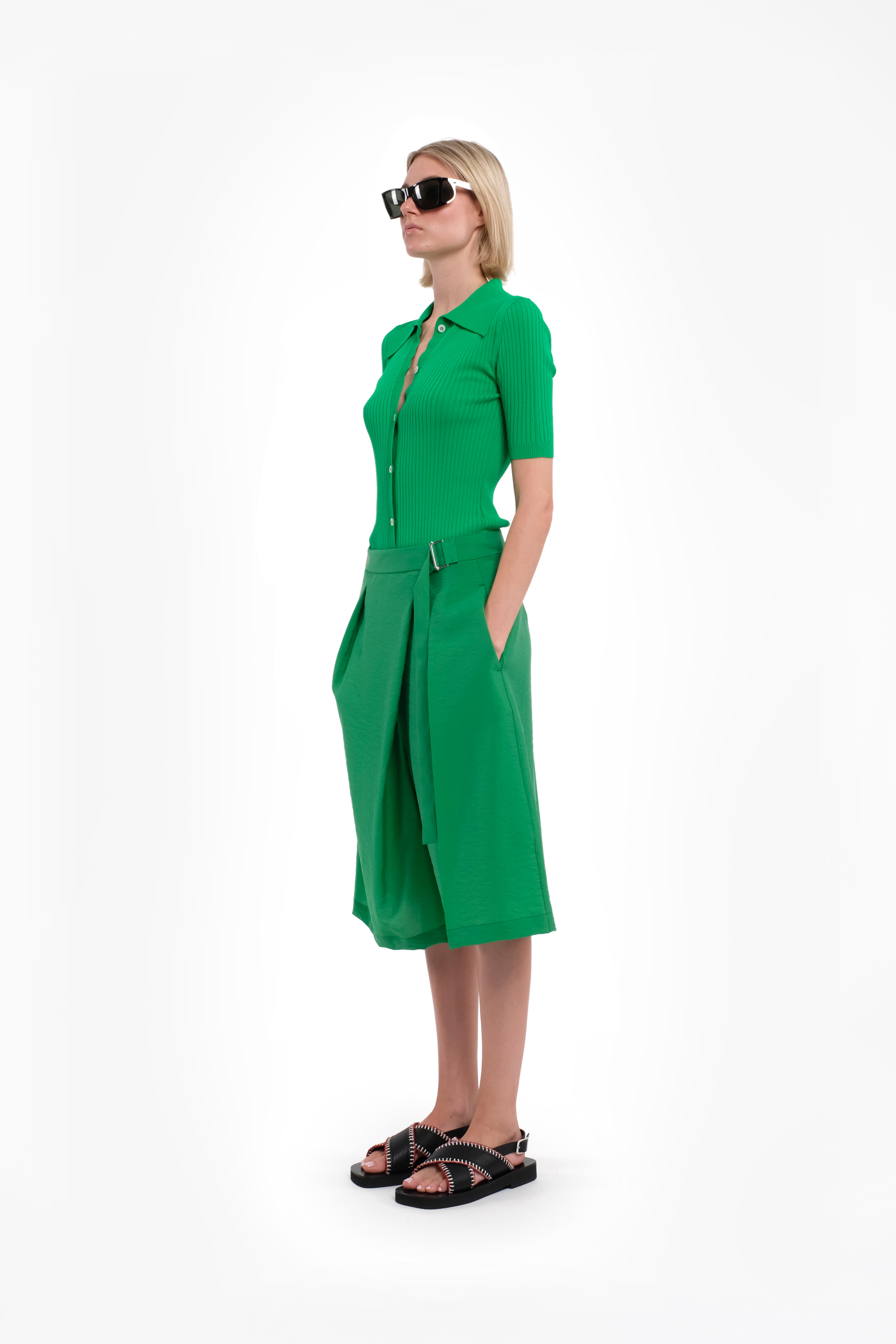 Green Bermuda Culottes With Front Wrap Skirt Detail In Lightweight Tencel