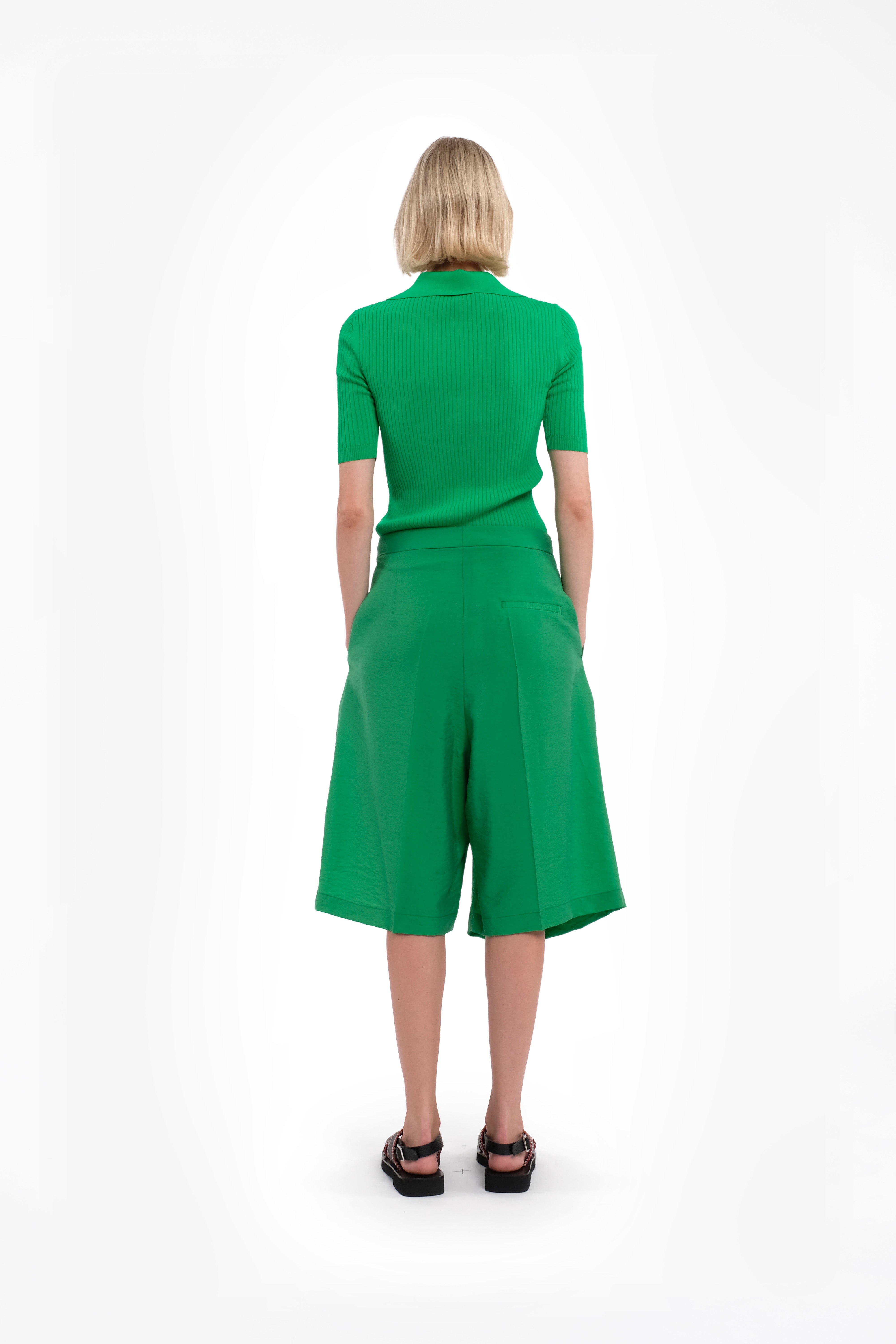Green Bermuda Culottes With Front Wrap Skirt Detail In Lightweight Tencel