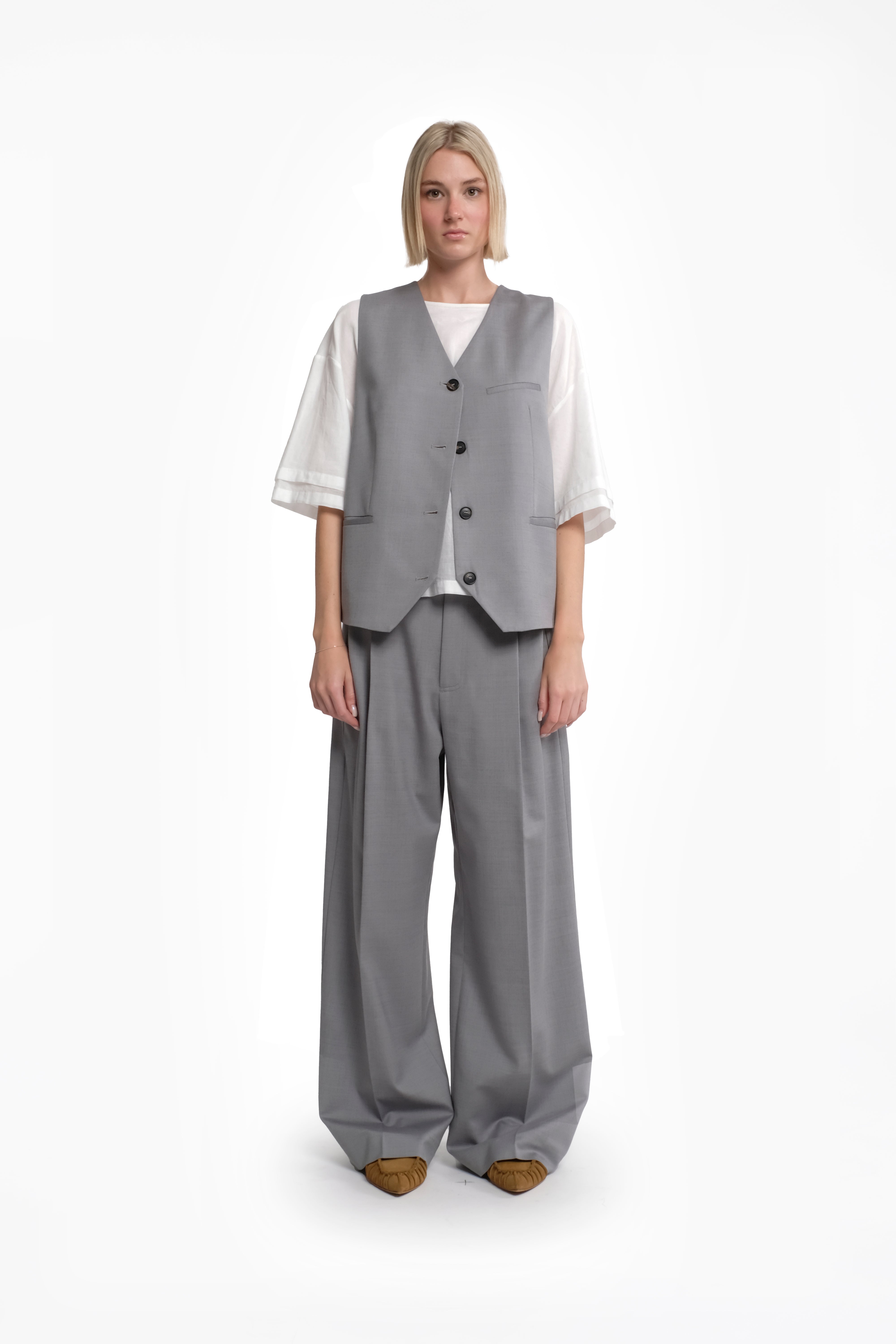 Grey Elegant Wide-Leg Trousers In Cool Wool