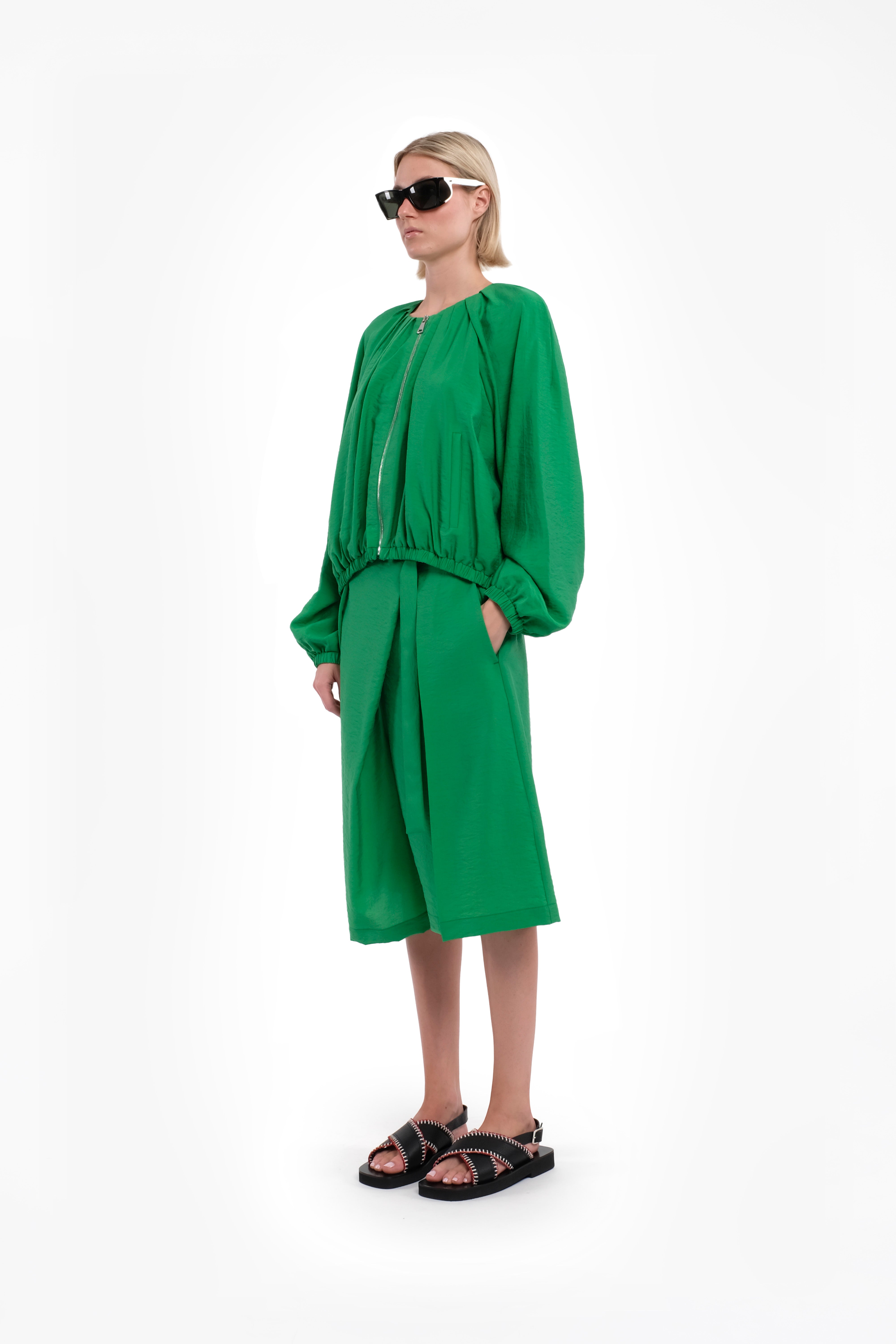 Green Bomber Jacket In Lightweight Tencel With Zip Closure