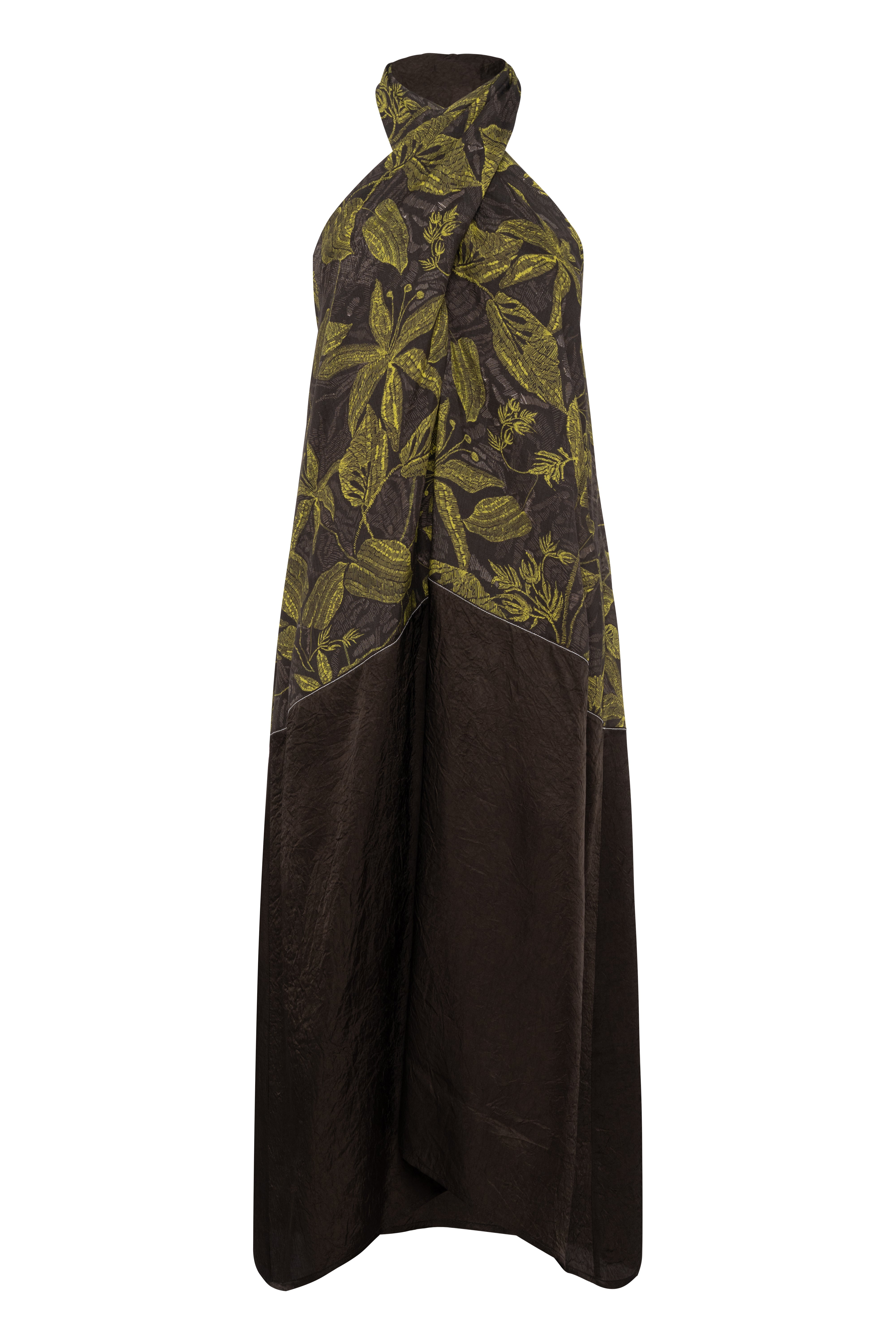 Long Halter-Neck Dress In Ramie With Green Floral Print
