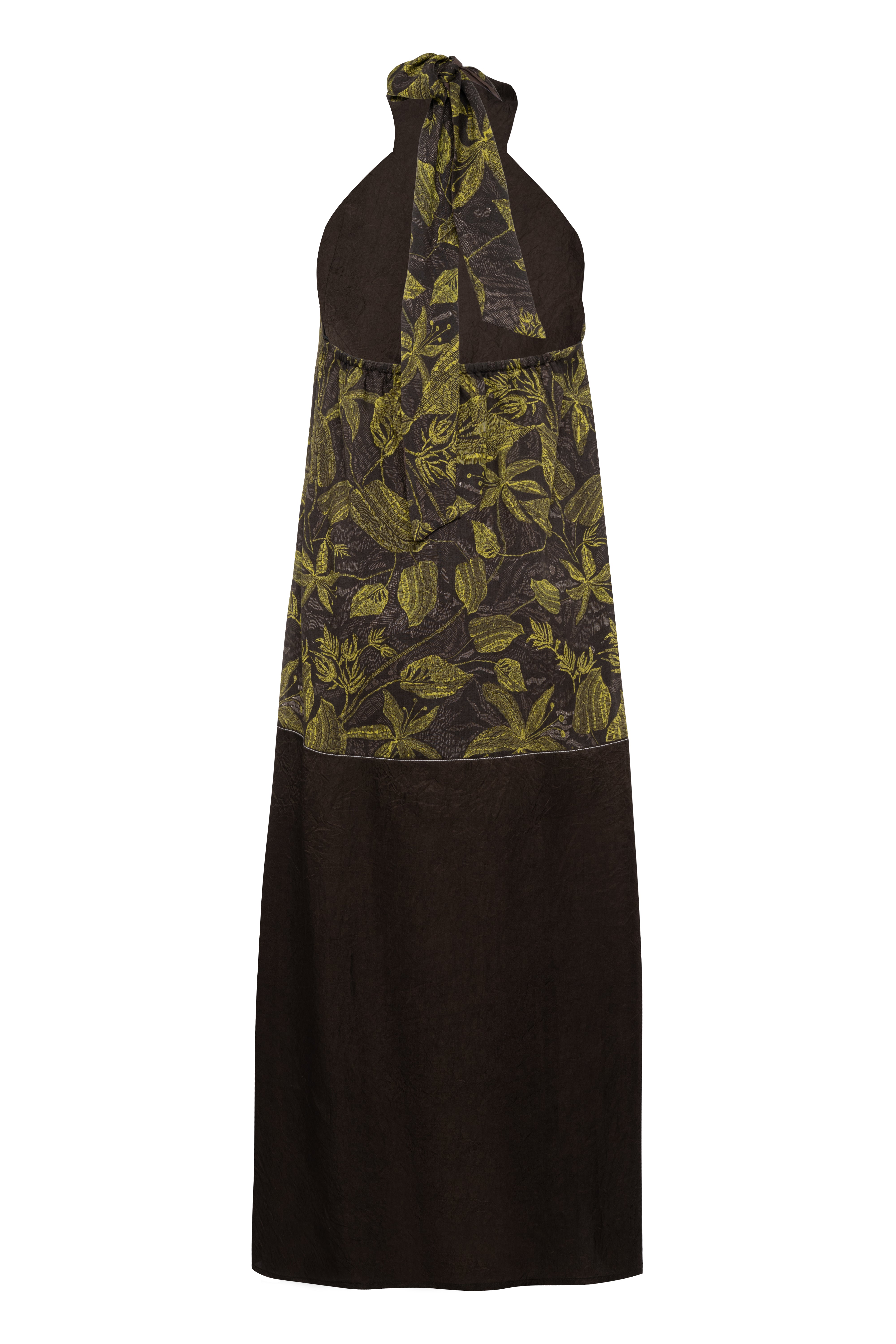Long Halter-Neck Dress In Ramie With Green Floral Print