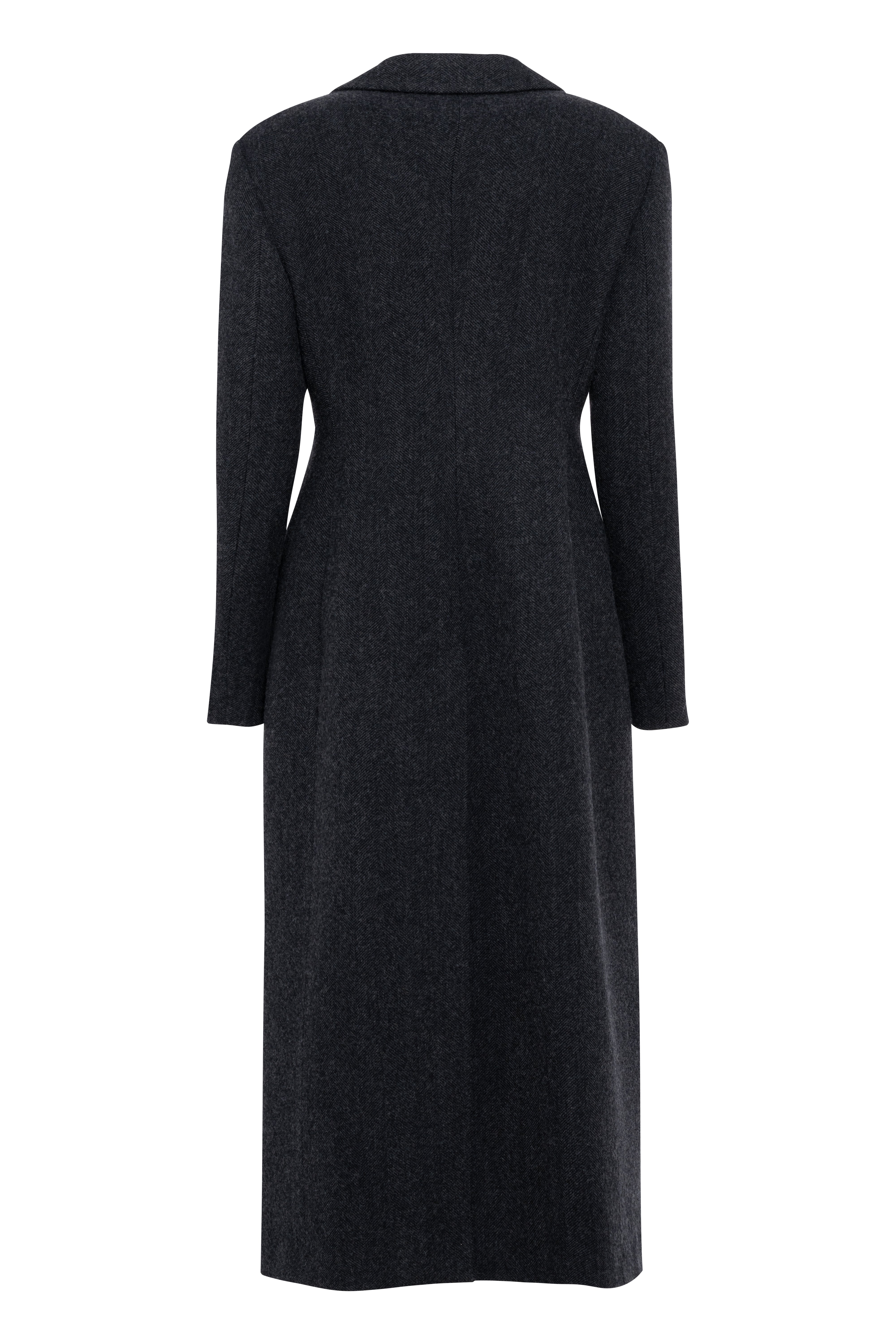 Long Anthracite Grey Wool Cloth Coat With Tailored Waist