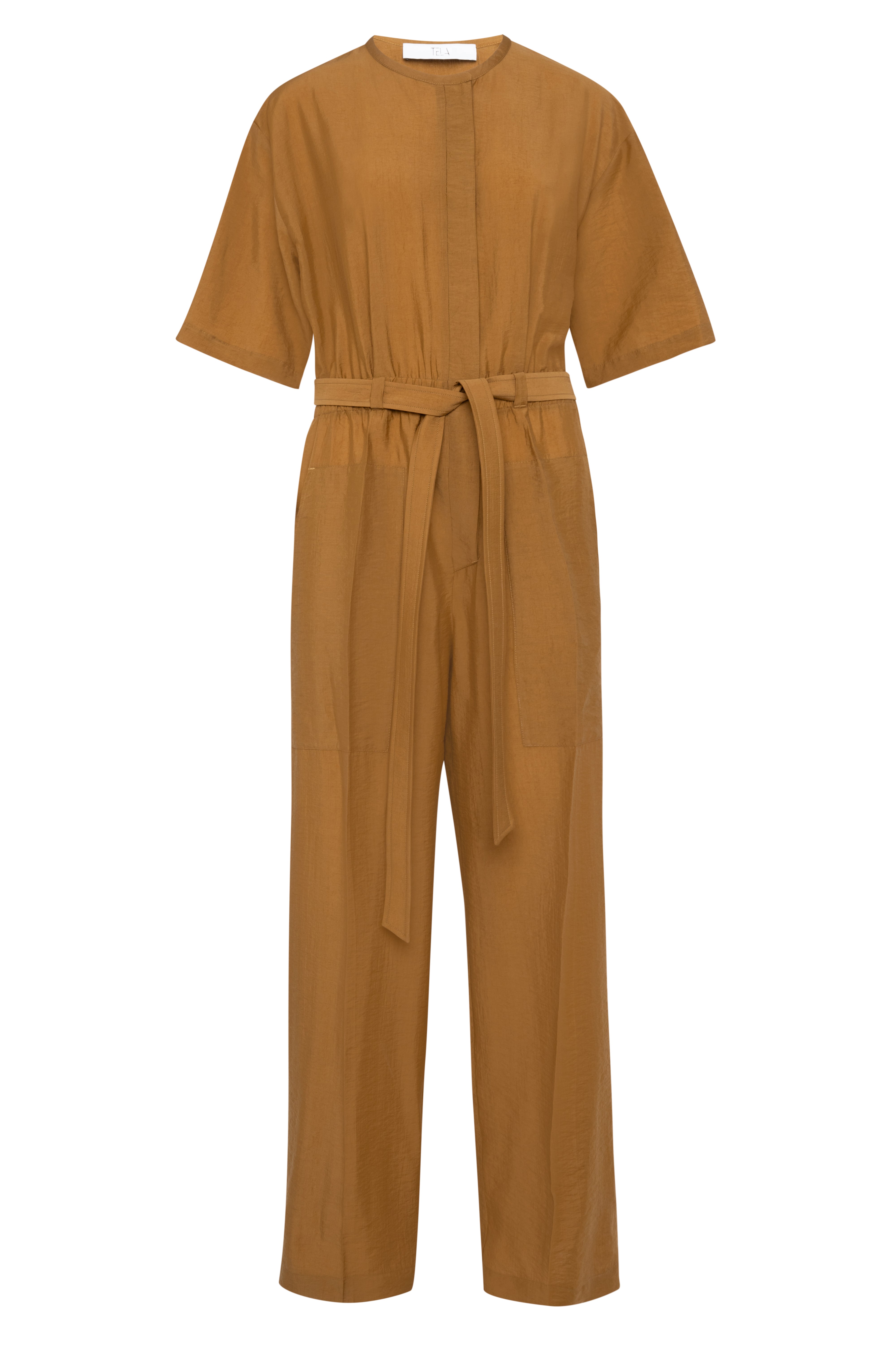 Short-Sleeve Mustard Tencel Long Jumpsuit