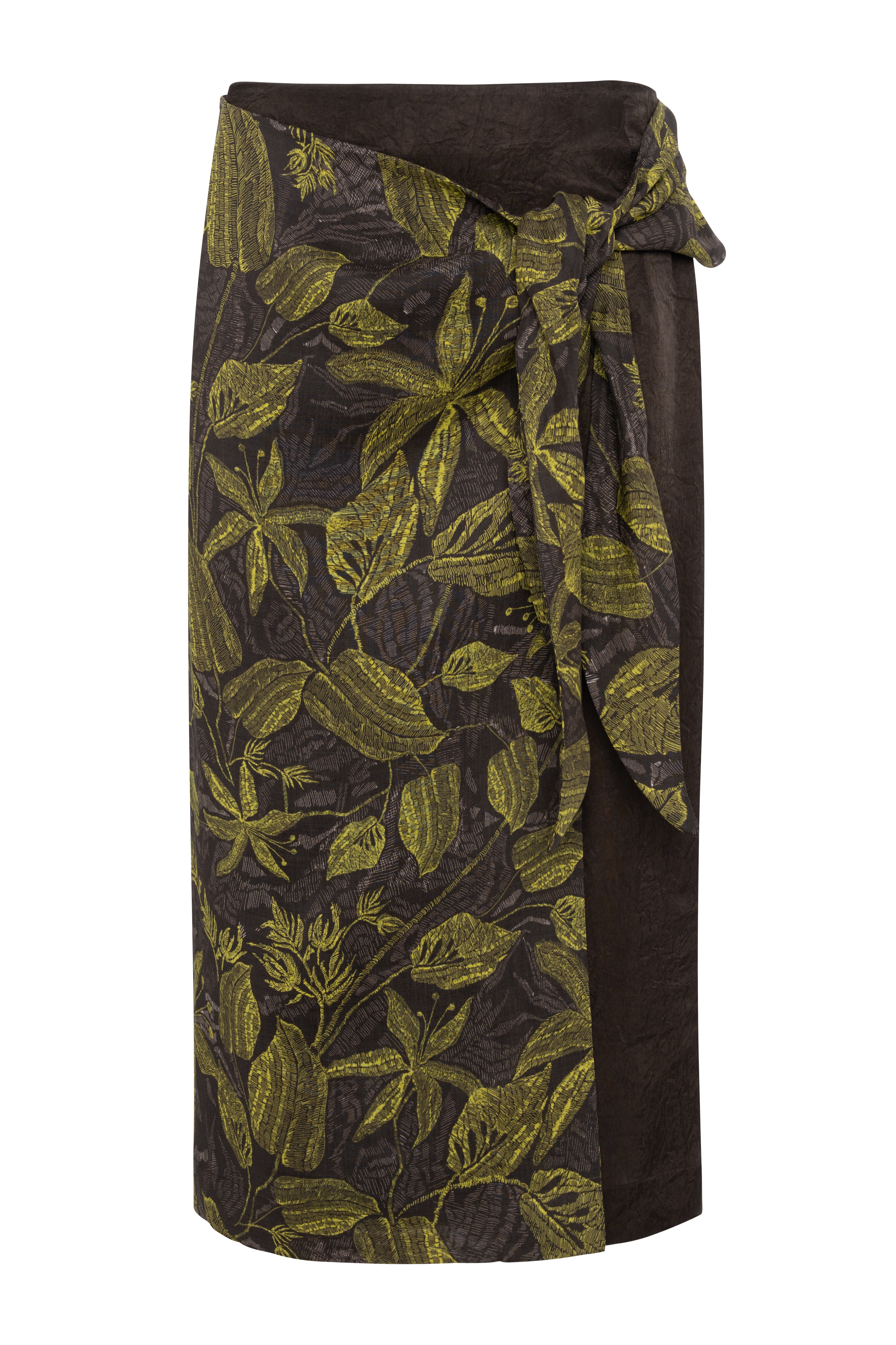 Midi Wrap Skirt In Ramie With Green Floral Print