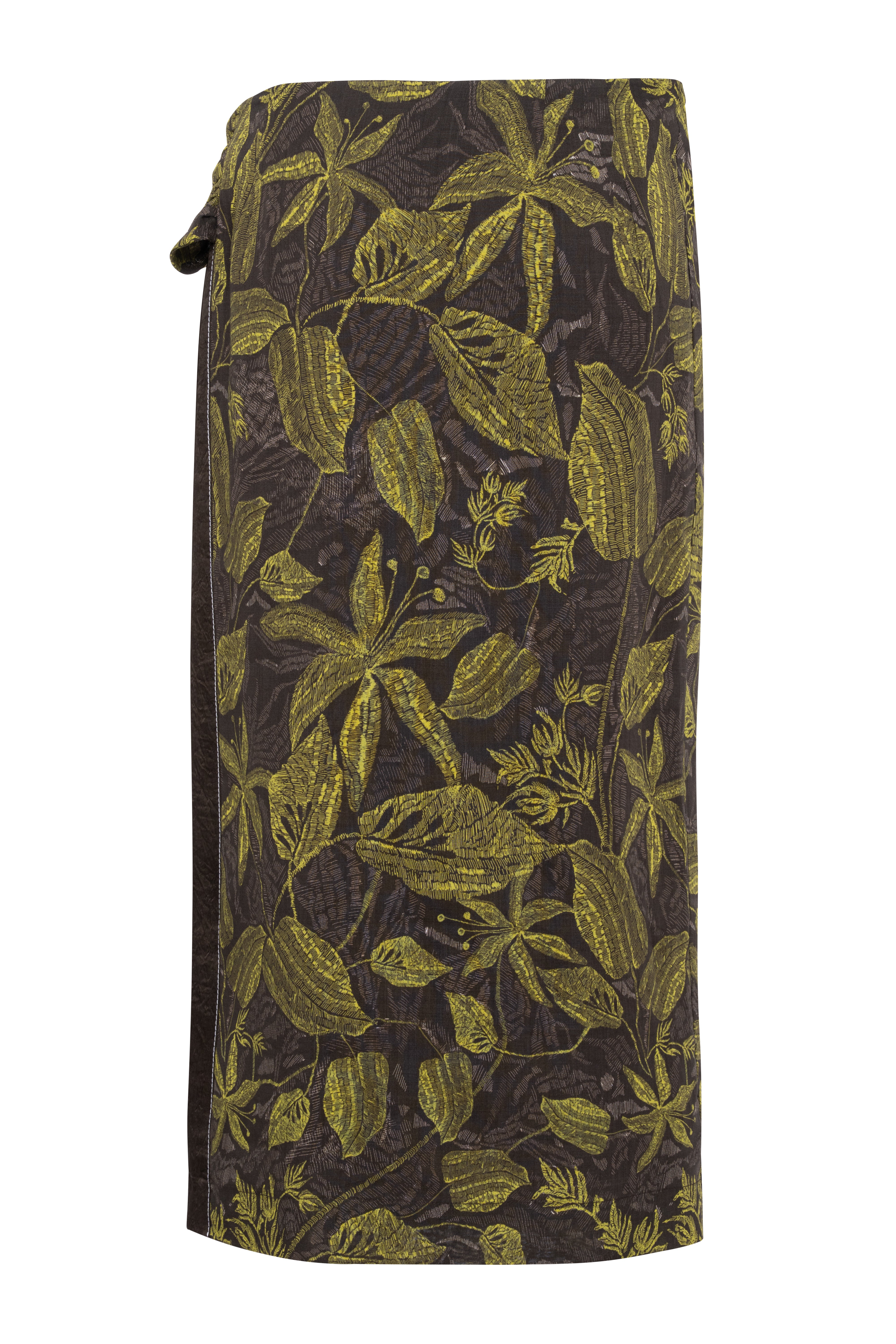 Midi Wrap Skirt In Ramie With Green Floral Print
