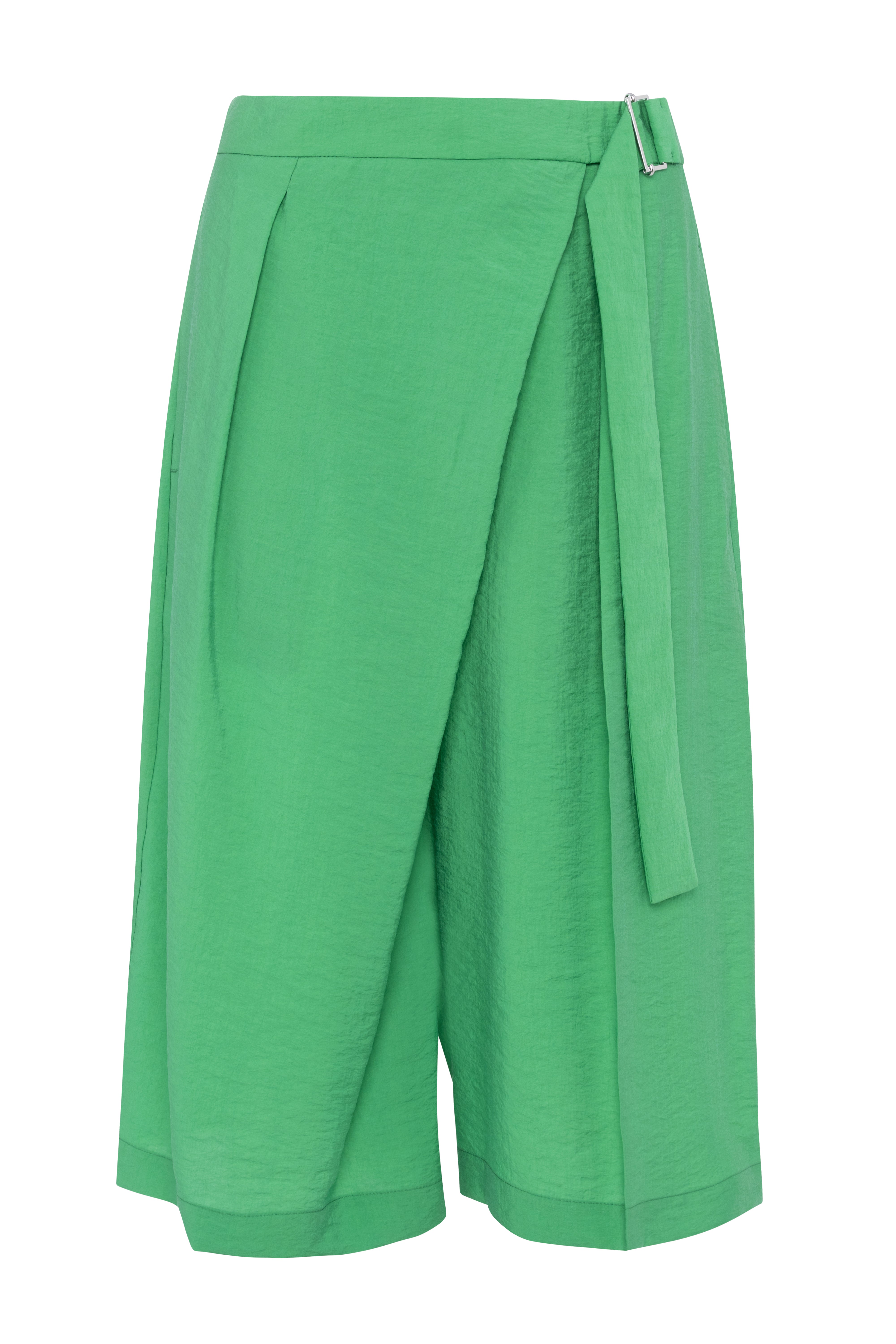 Green Bermuda Culottes With Front Wrap Skirt Detail In Lightweight Tencel