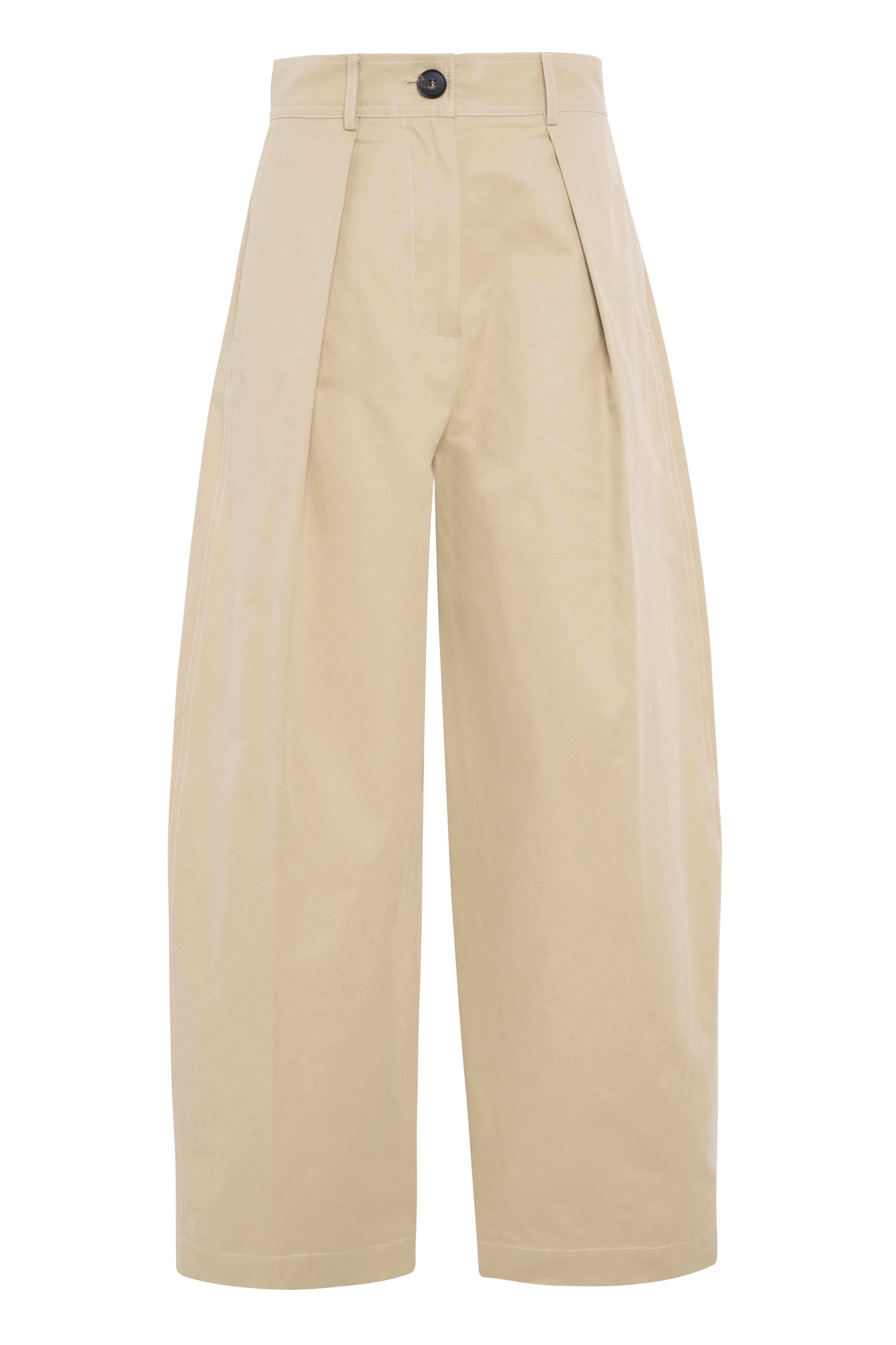 Beige Cotton Balloon Trousers With Front Pleats