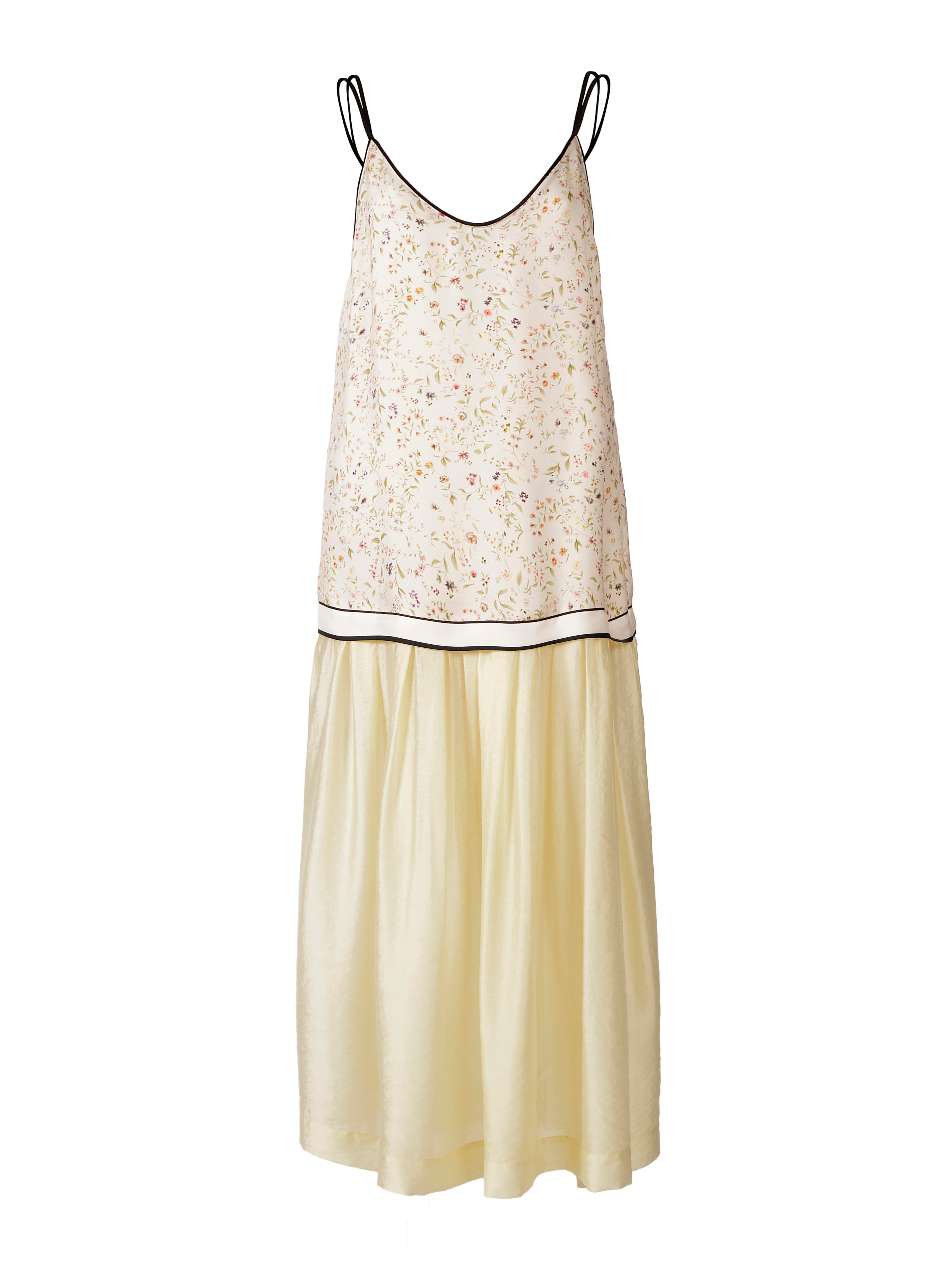 Floral Print Sleeveless Maxi Silk Dress With Pastel Yellow Skirt And Black Straps