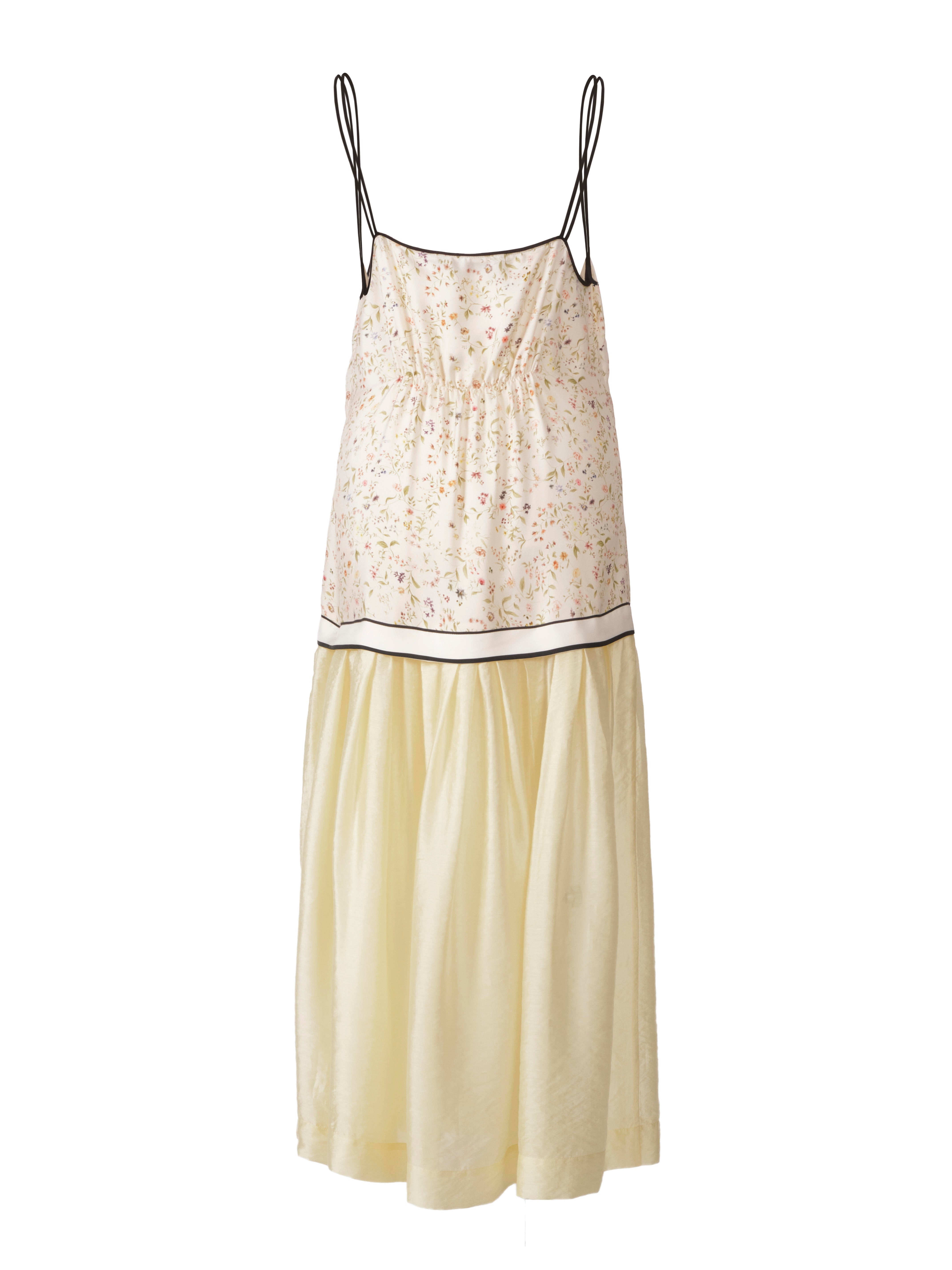 Floral Print Sleeveless Maxi Silk Dress With Pastel Yellow Skirt And Black Straps