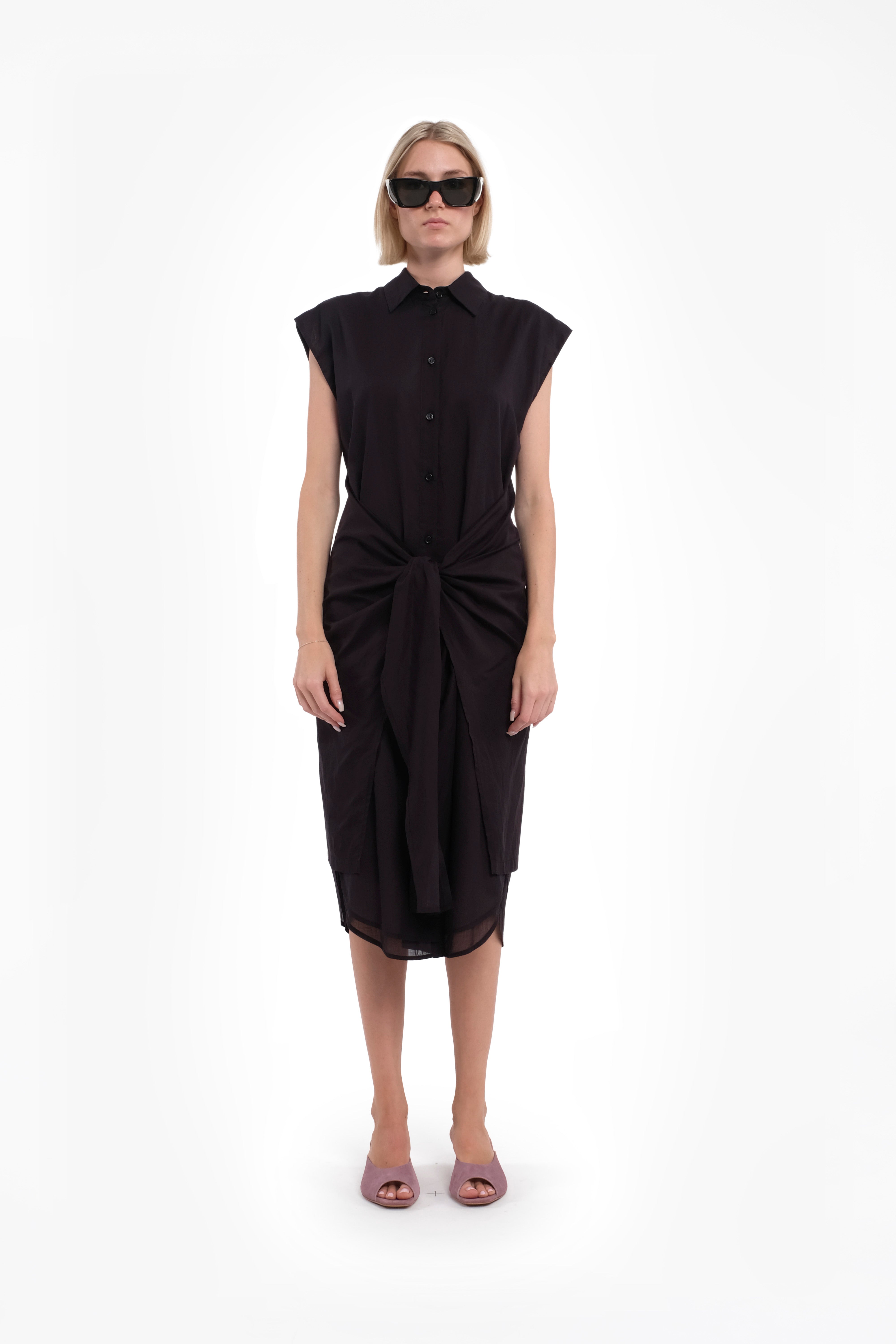 Midi Black Sleeveless Shirt Dress With Front Knot