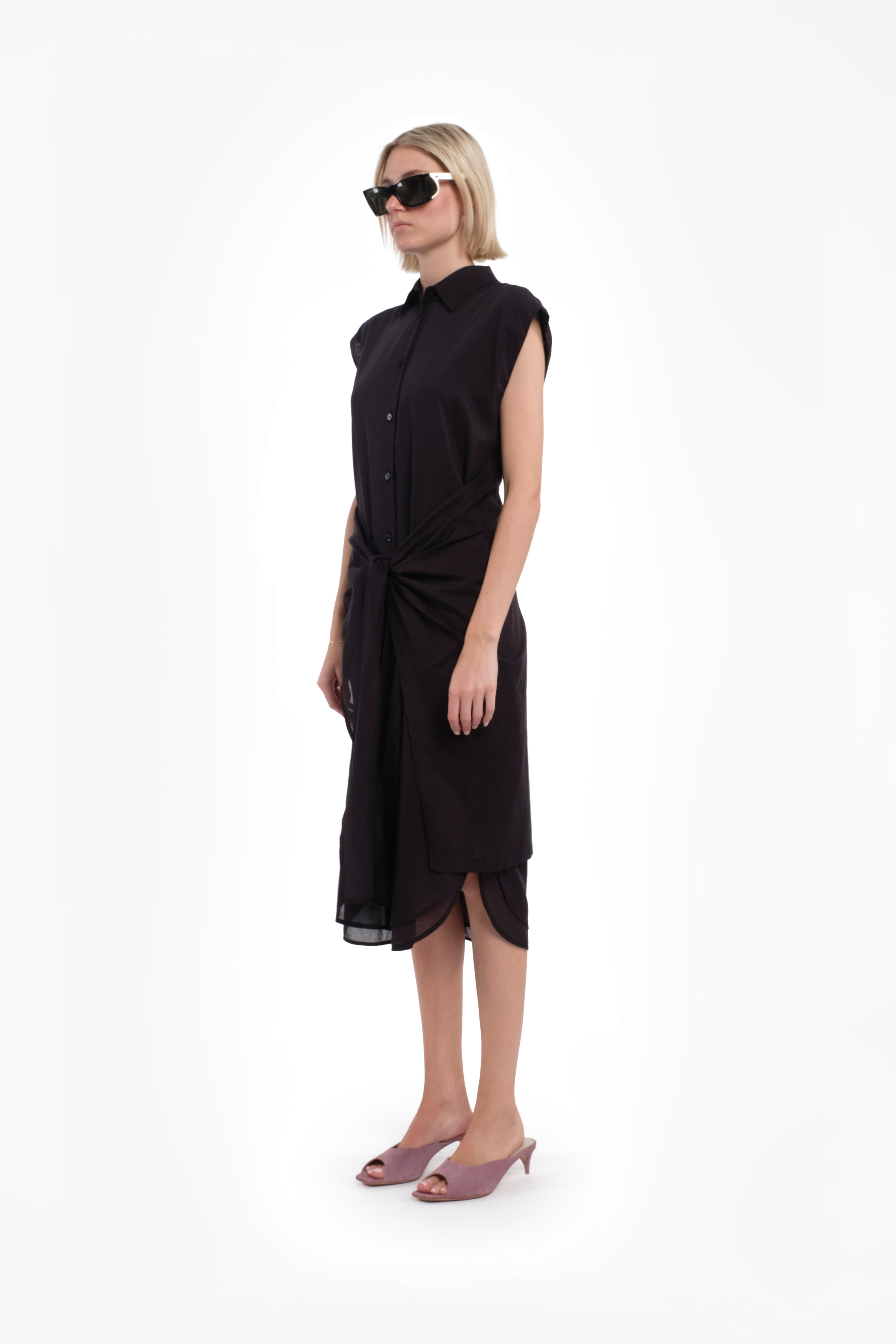 Midi Black Sleeveless Shirt Dress With Front Knot