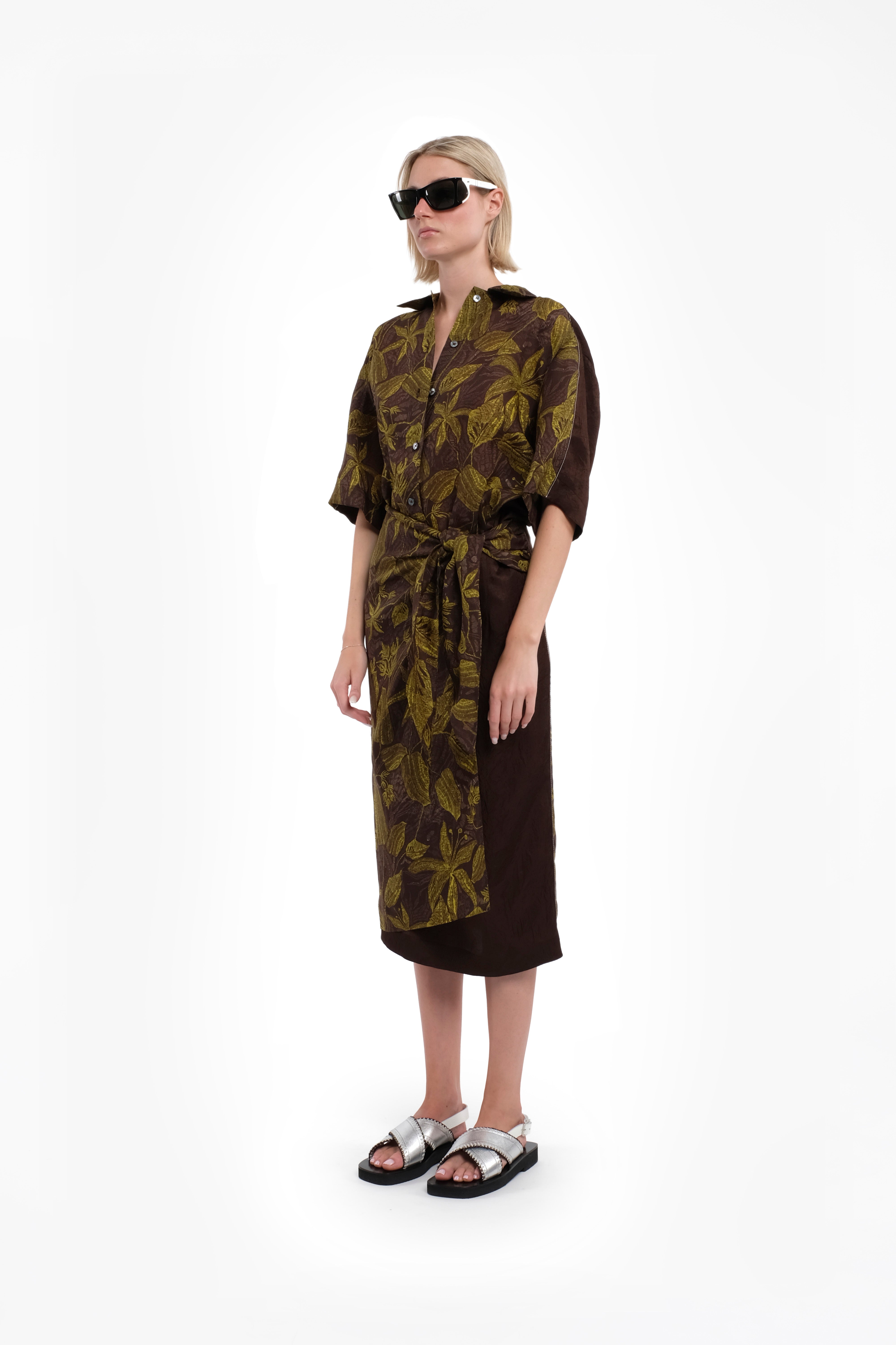 Short-Sleeve Ramie Shirt With Green Floral Print