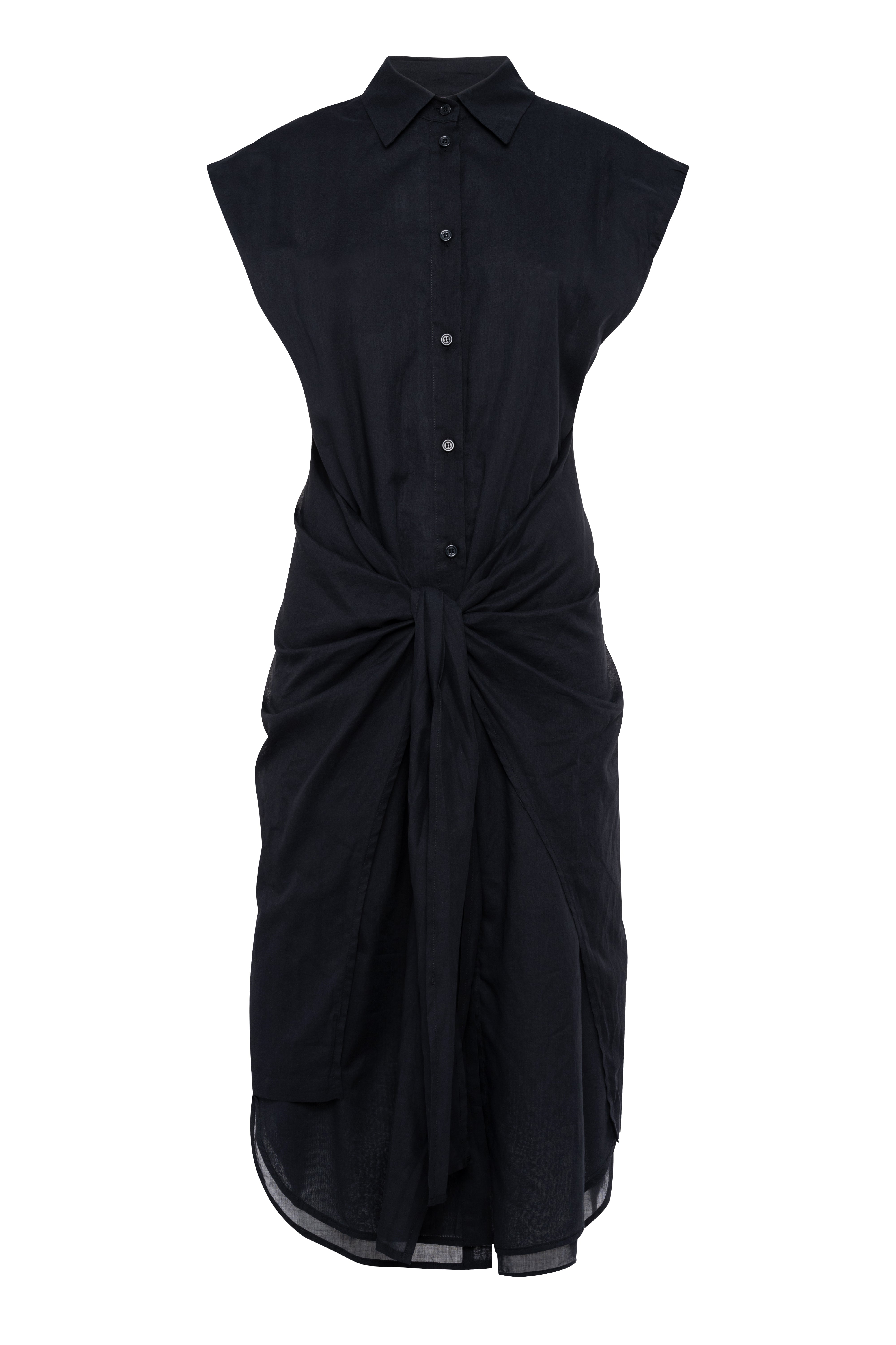 Midi Black Sleeveless Shirt Dress With Front Knot