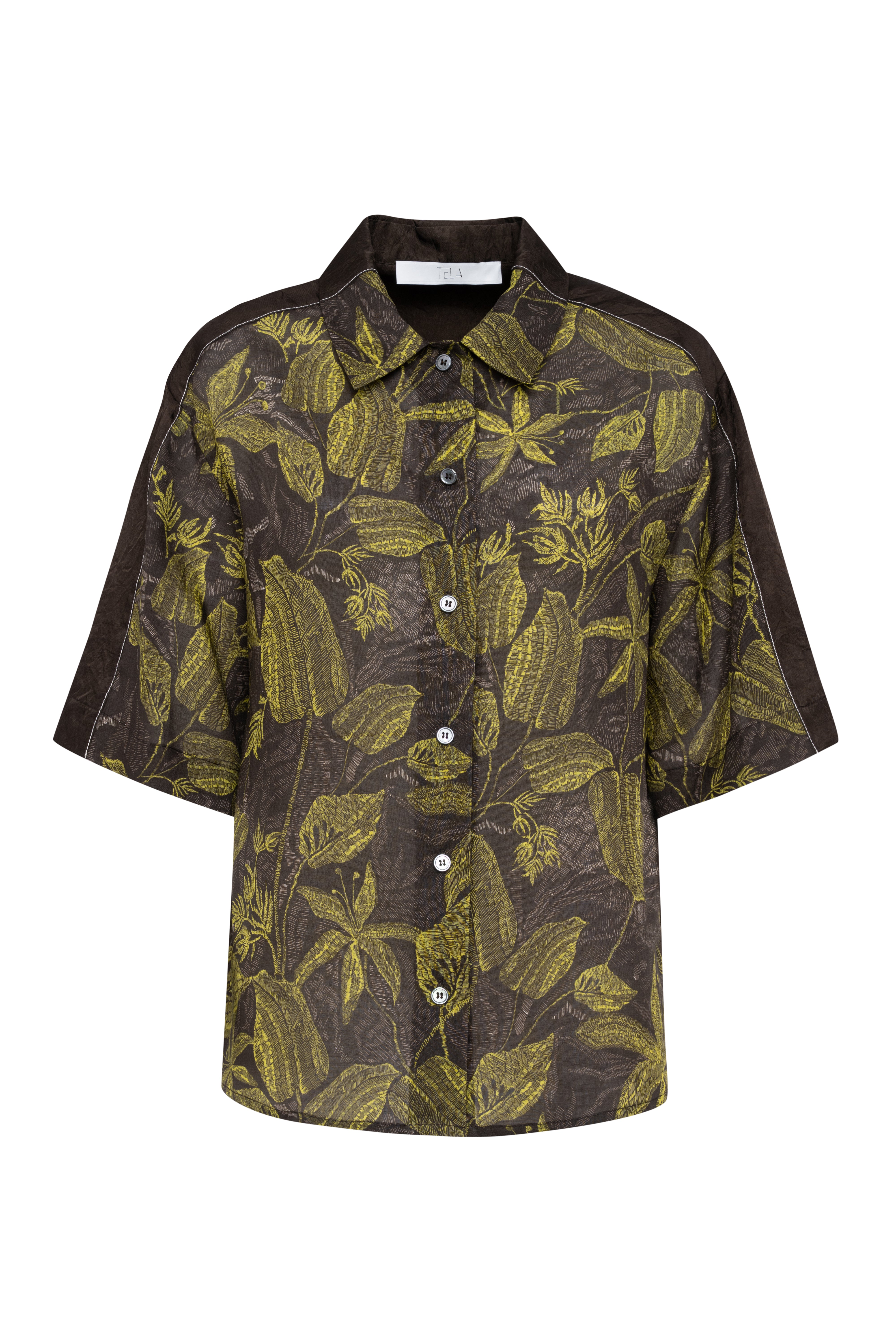 Short-Sleeve Ramie Shirt With Green Floral Print