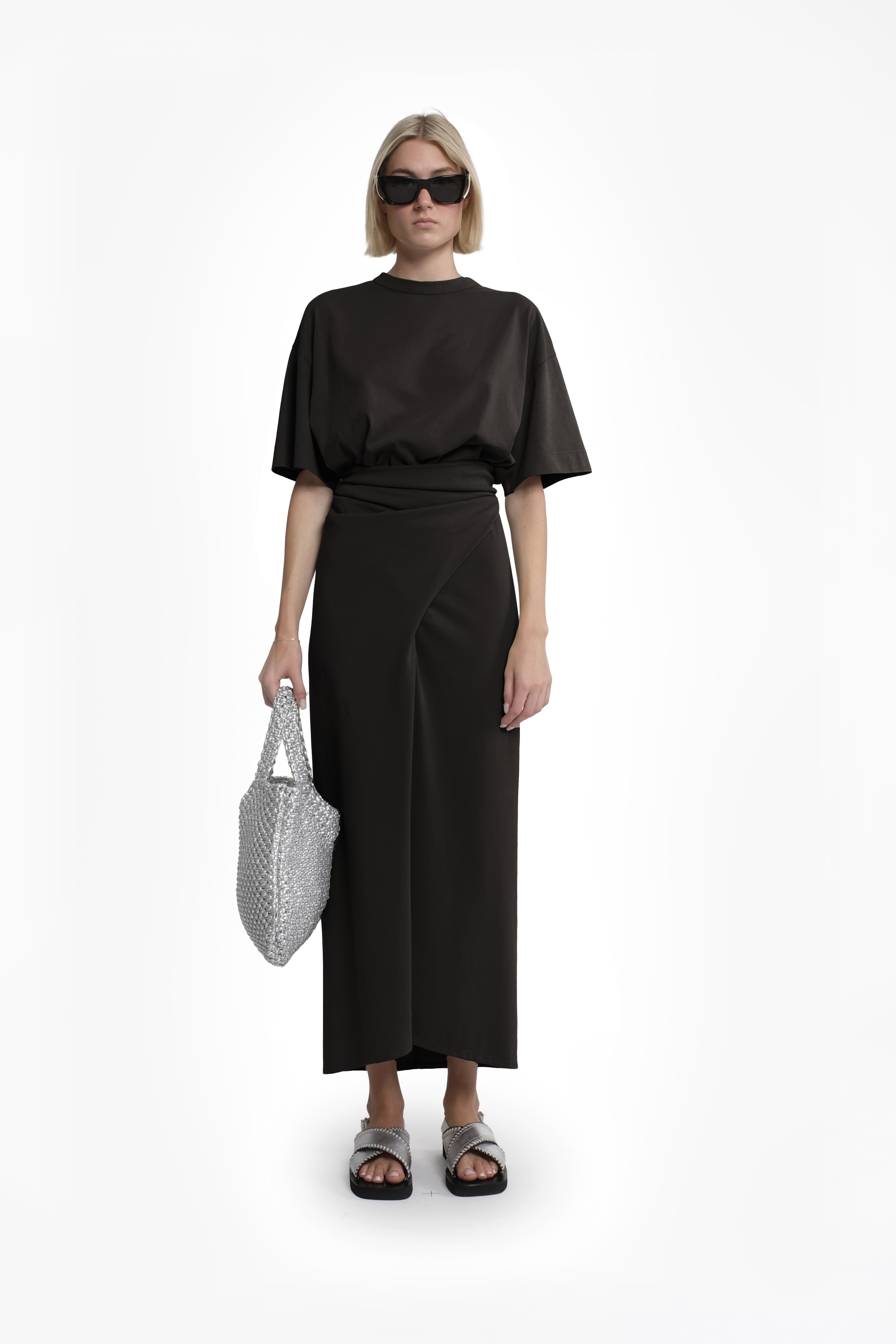 Asymmetric Black Cotton Maxi Skirt With Ruching