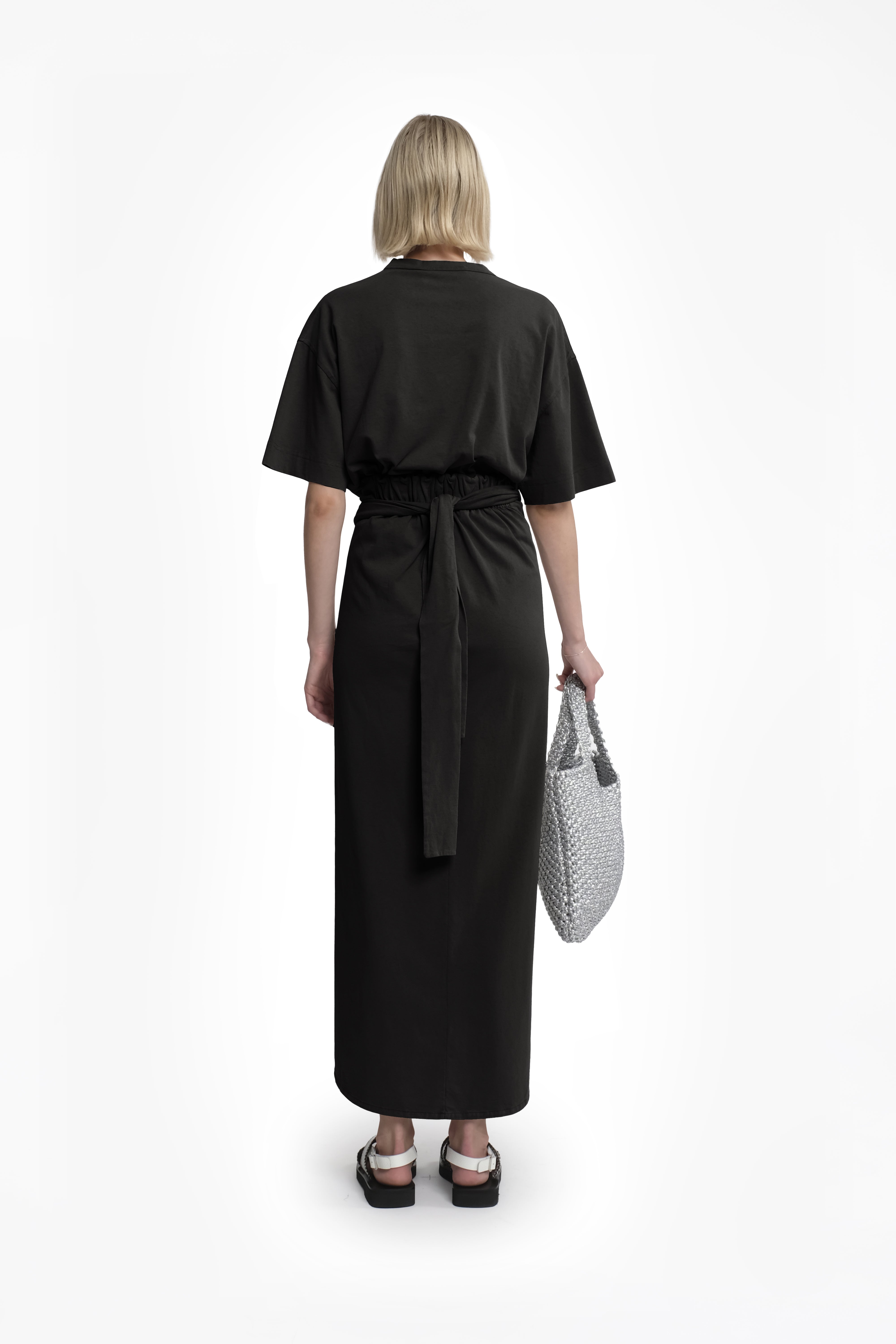 Asymmetric Black Cotton Maxi Skirt With Ruching