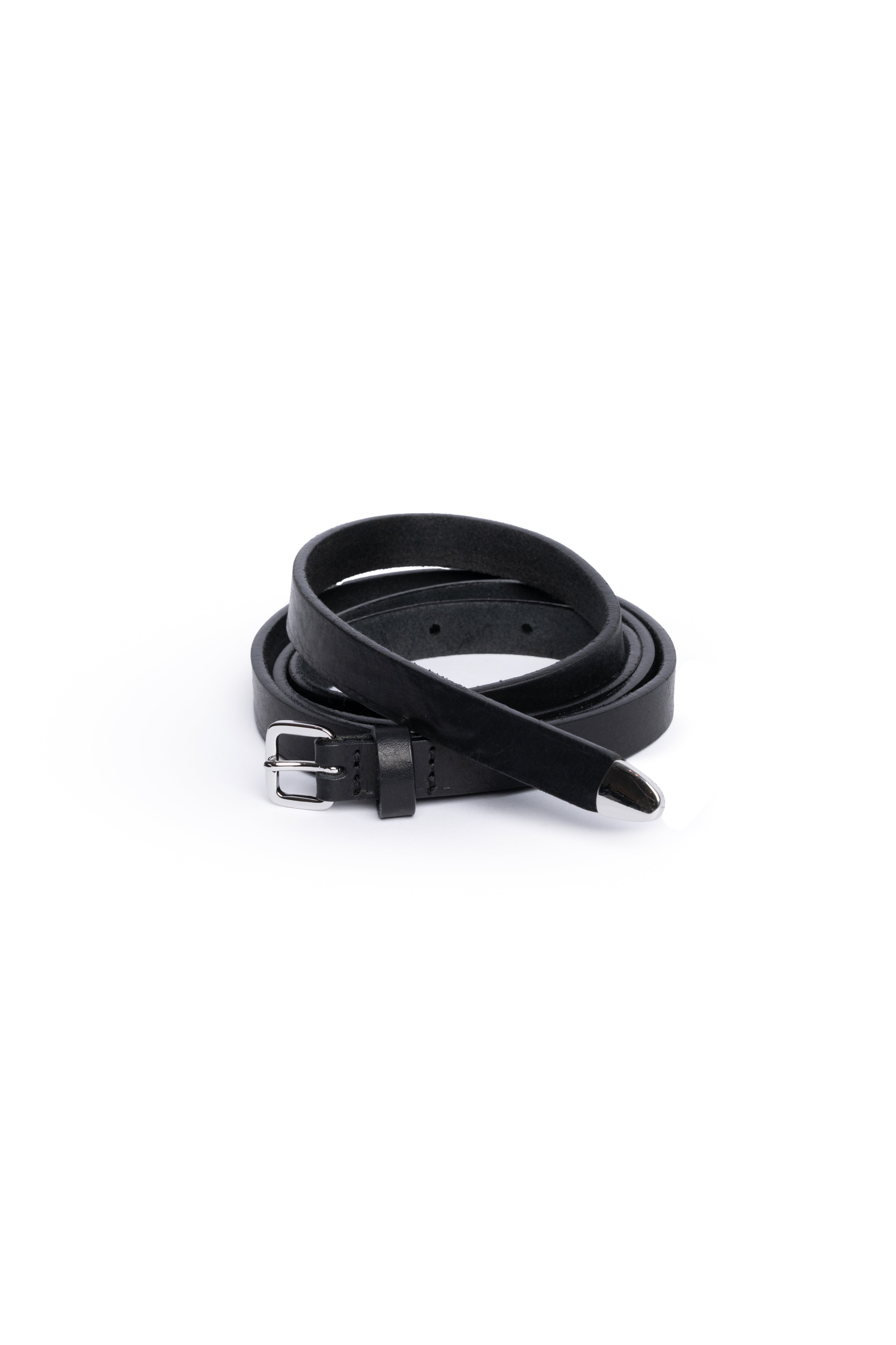 Black Slim Leather Belt With Silver Buckle