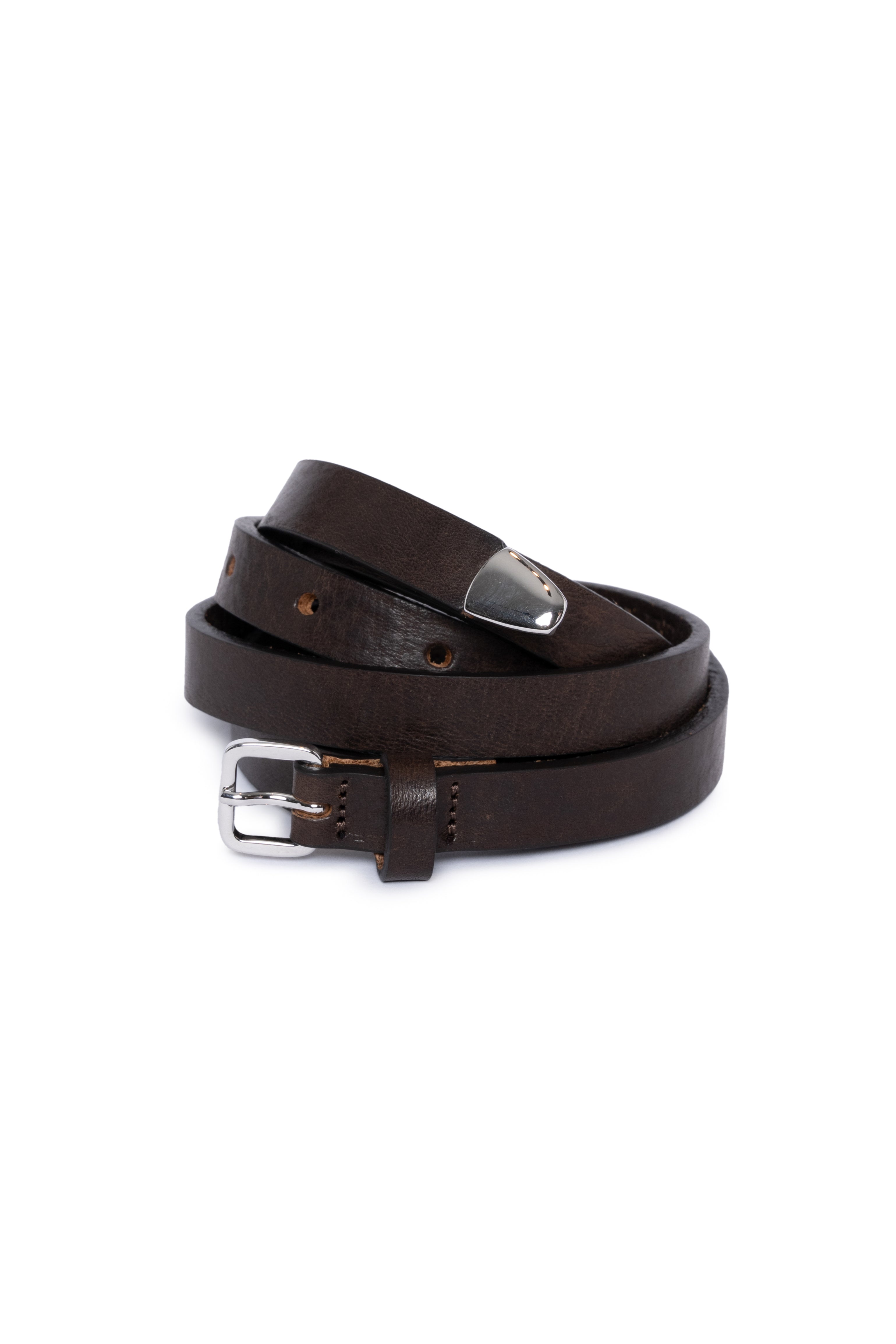 Cintura sottile in pelle marrone scuro con fibbia argento