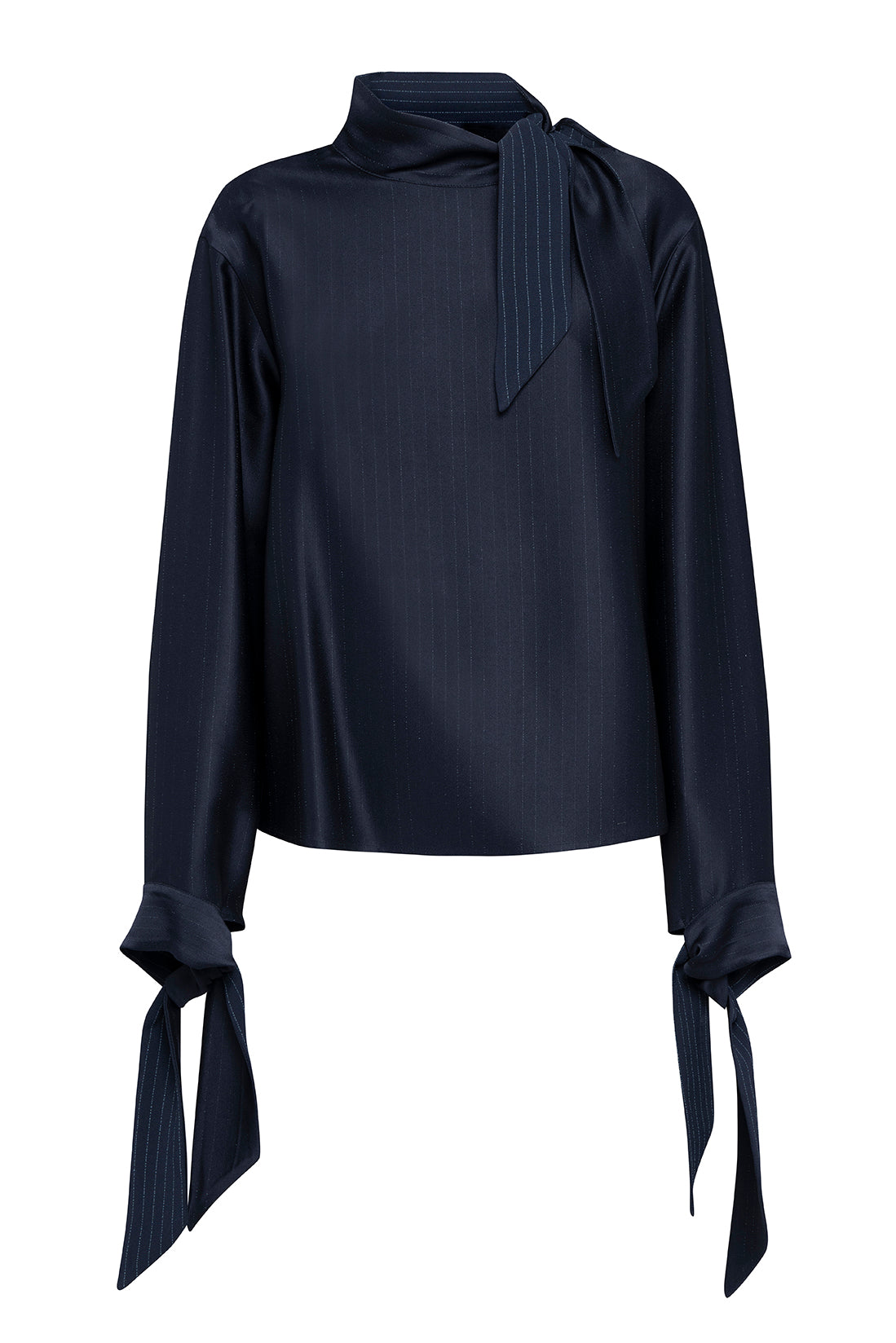 Long-Sleeved Pinstriped Fluid Blue Shirt With Ribbons Detail