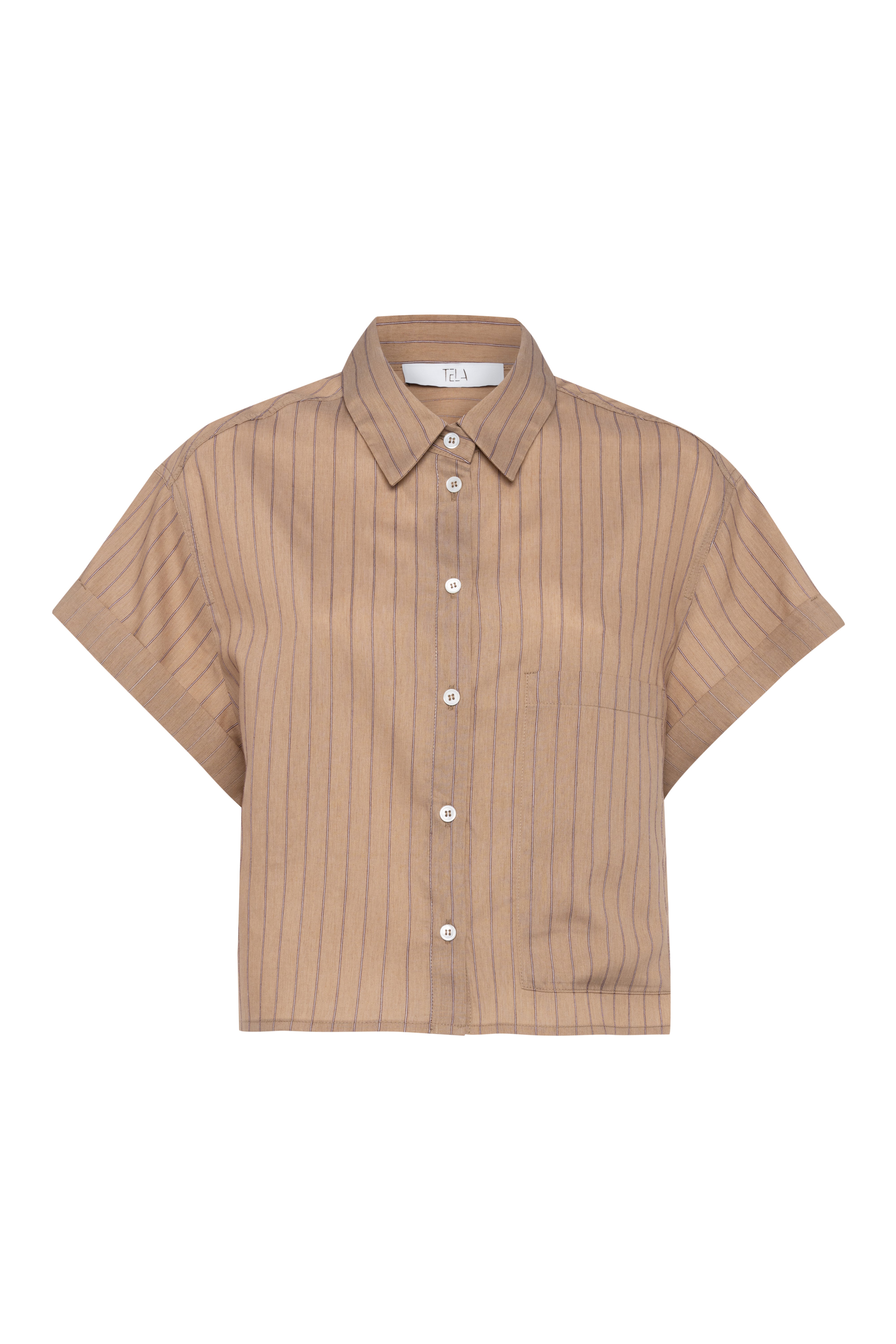 Cropped Short Sleeve Shirt In Biscuit Brown With Vertical Stripes And Buttons