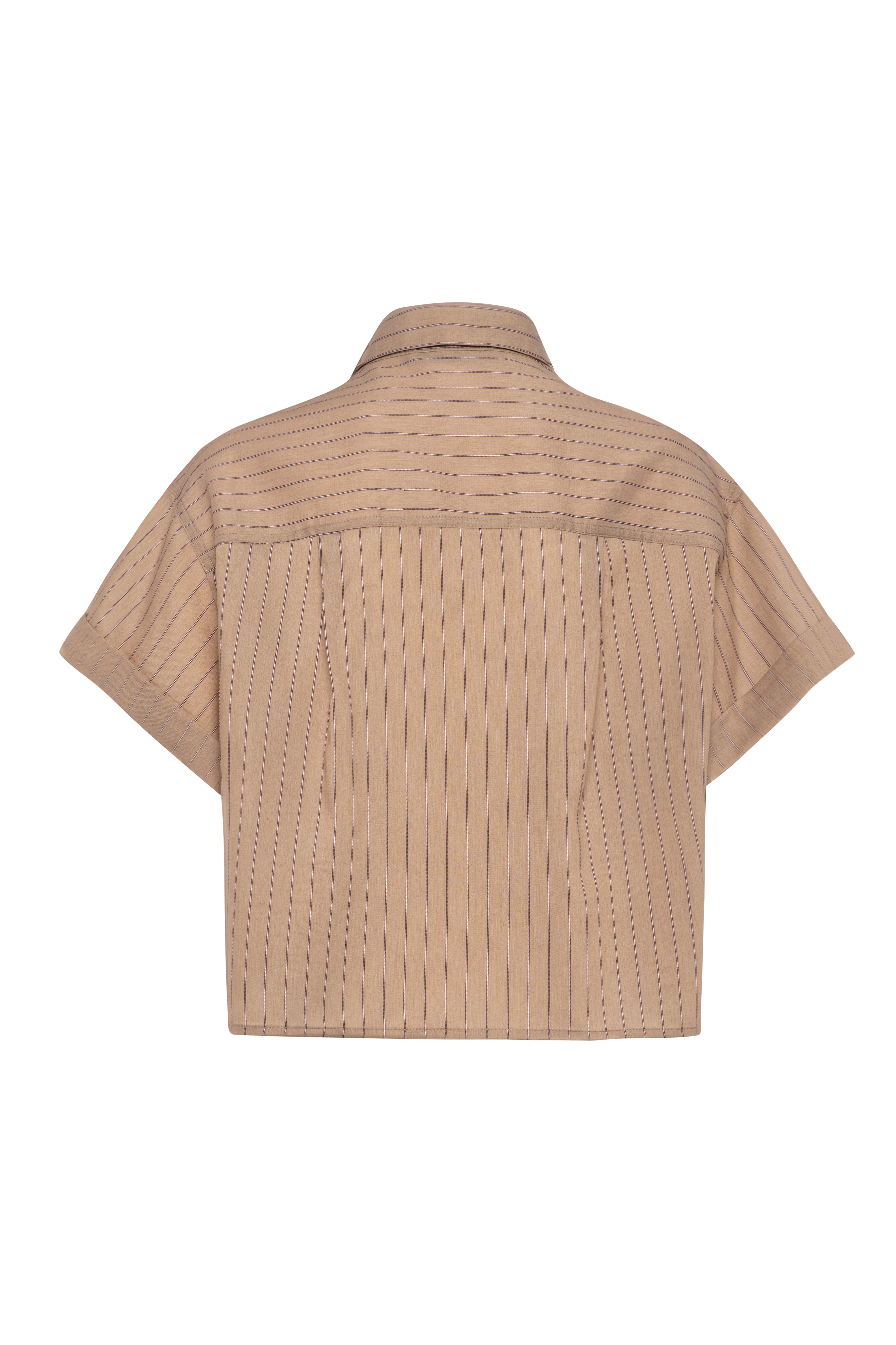 Cropped Short Sleeve Shirt In Biscuit Brown With Vertical Stripes And Buttons