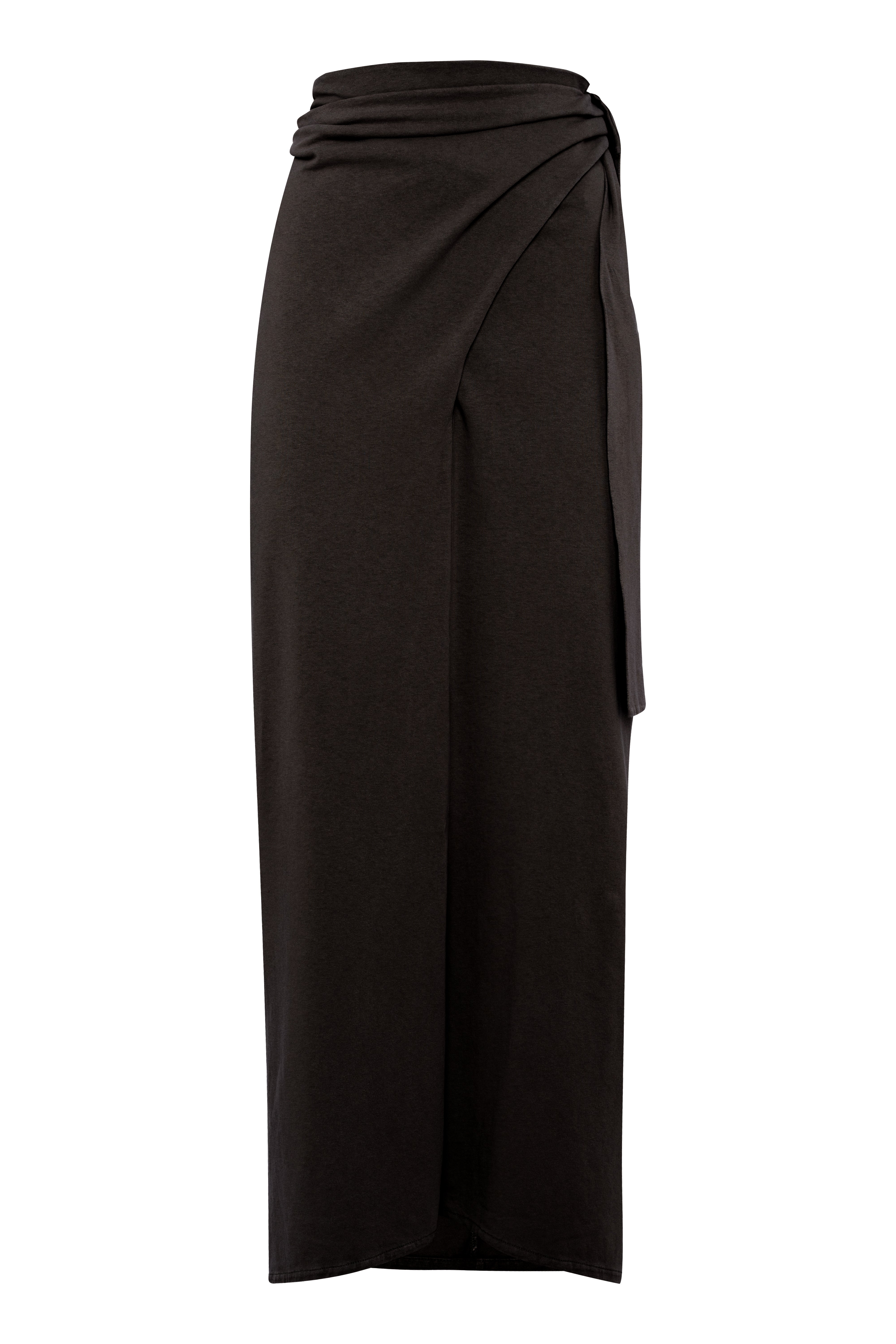 Asymmetric Black Cotton Maxi Skirt With Ruching