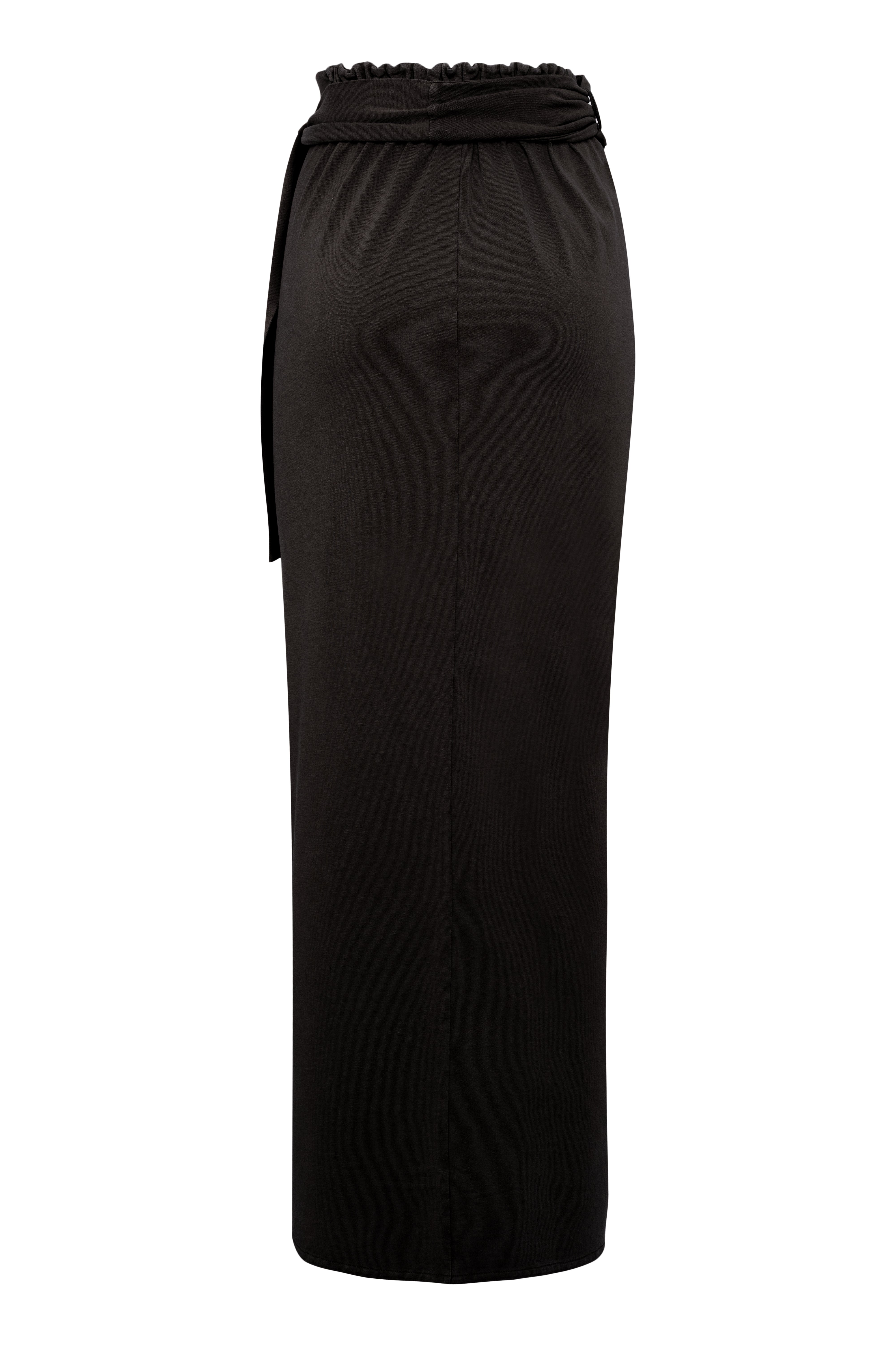 Asymmetric Black Cotton Maxi Skirt With Ruching
