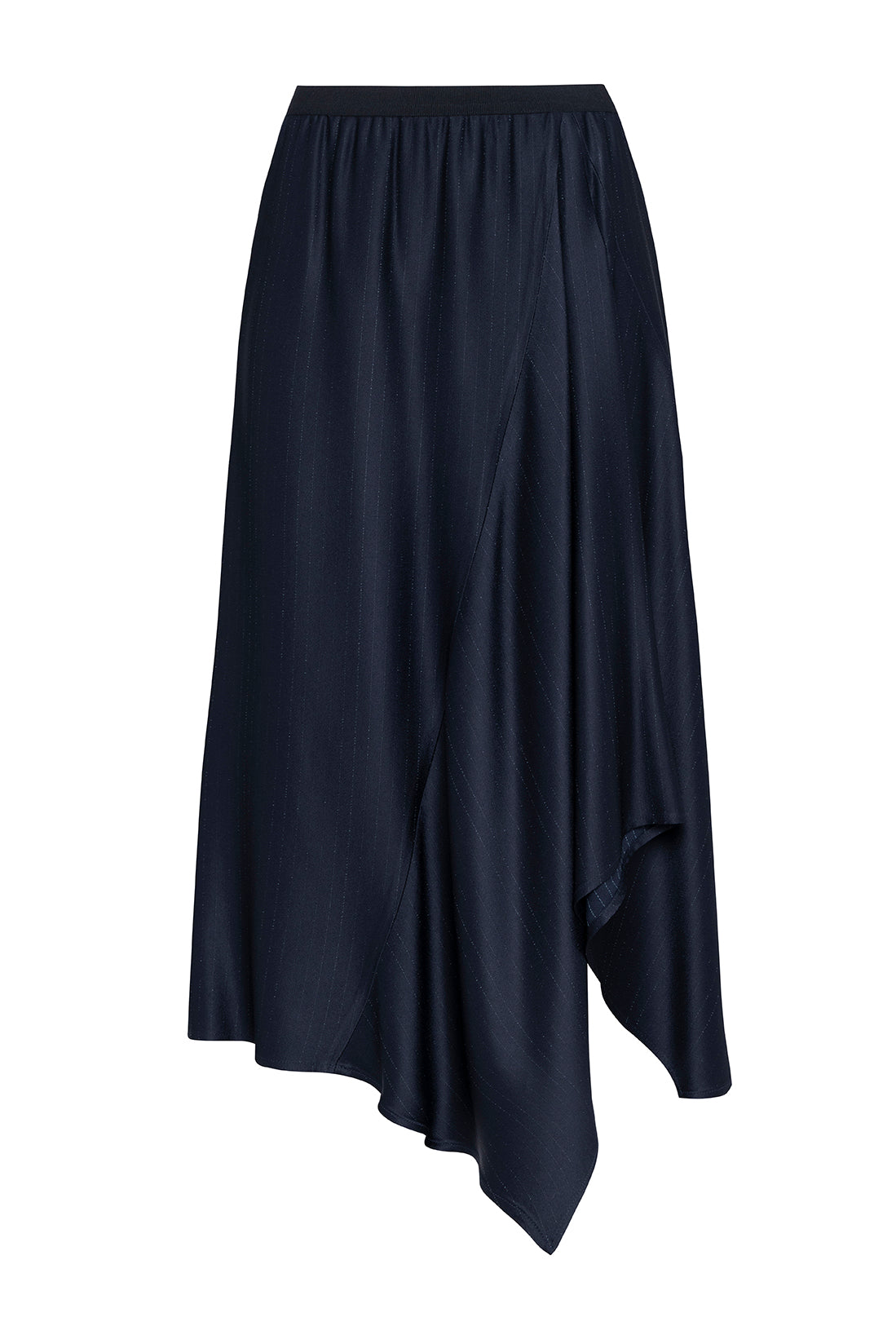 Asymmetric Midi Skirt In Pinstriped Fluid Blue