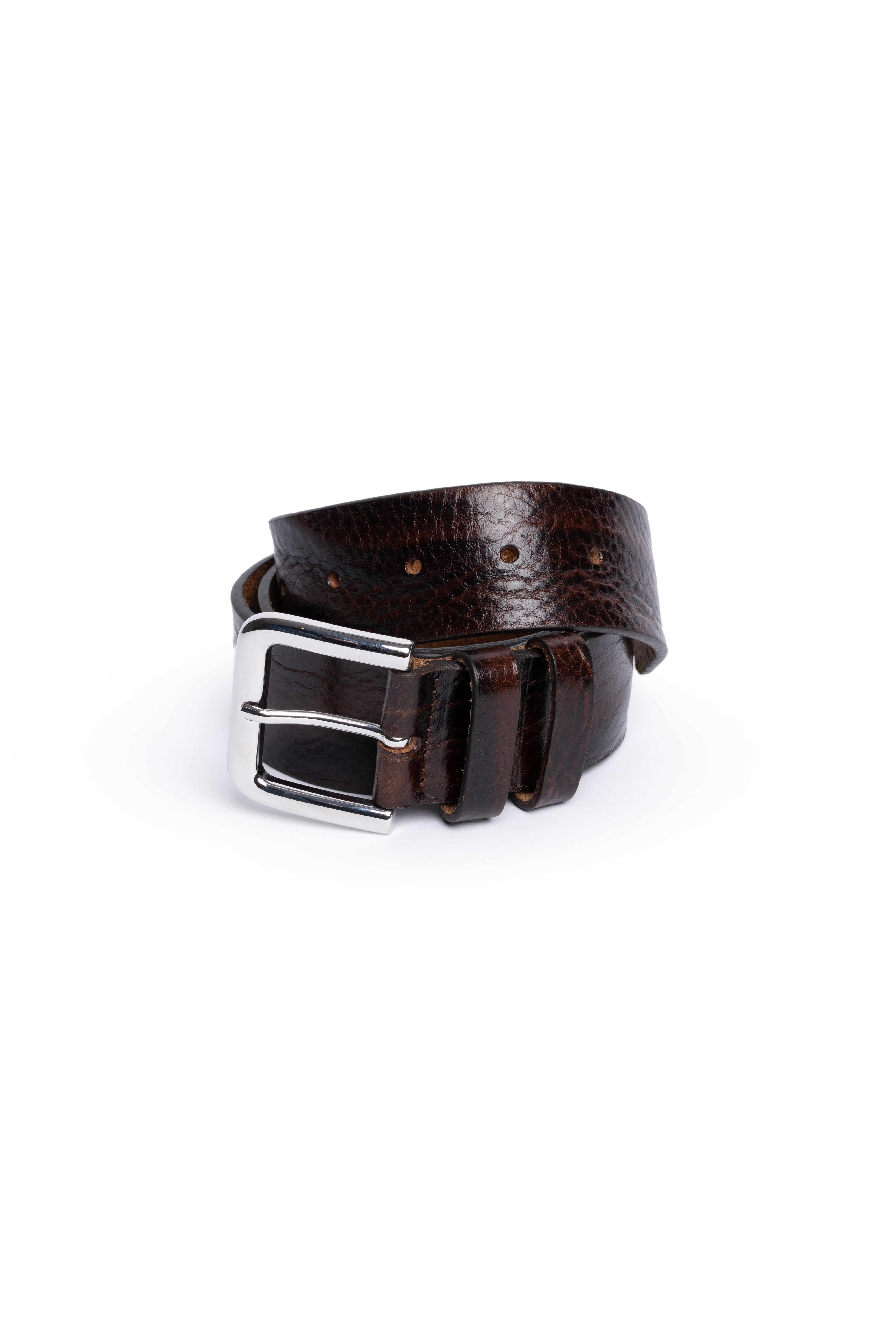 Dark Brown Crinkled Leather Belt With Silver Buckle